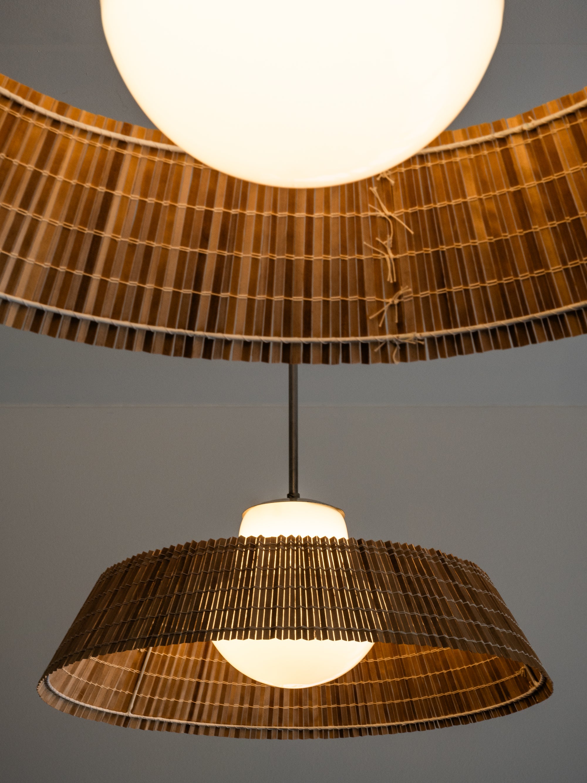 Rare Pair of Glass and Wood Slat Pendants by Gunilla Jung for Orno Oy, Finland