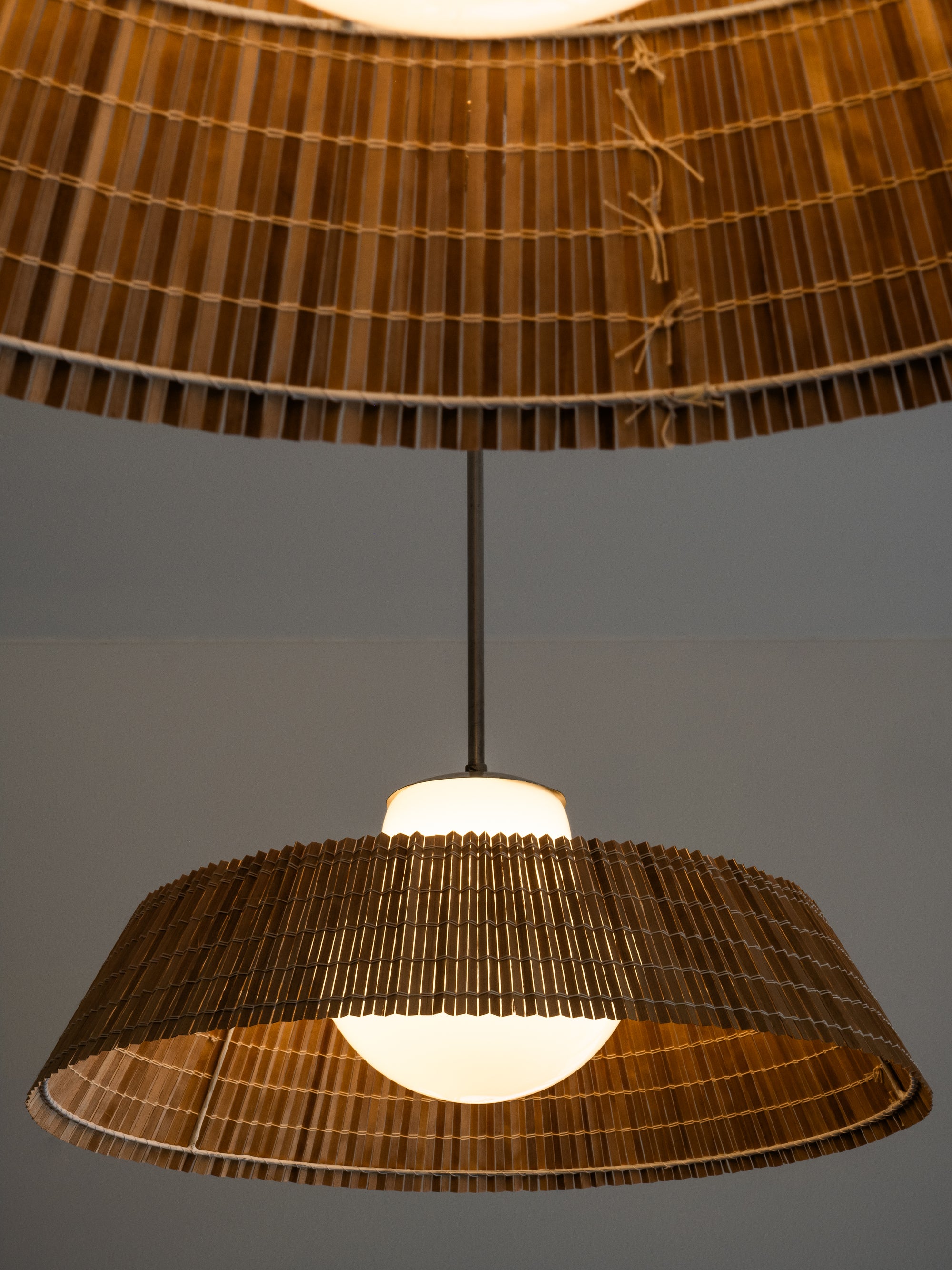 Rare Pair of Glass and Wood Slat Pendants by Gunilla Jung for Orno Oy, Finland