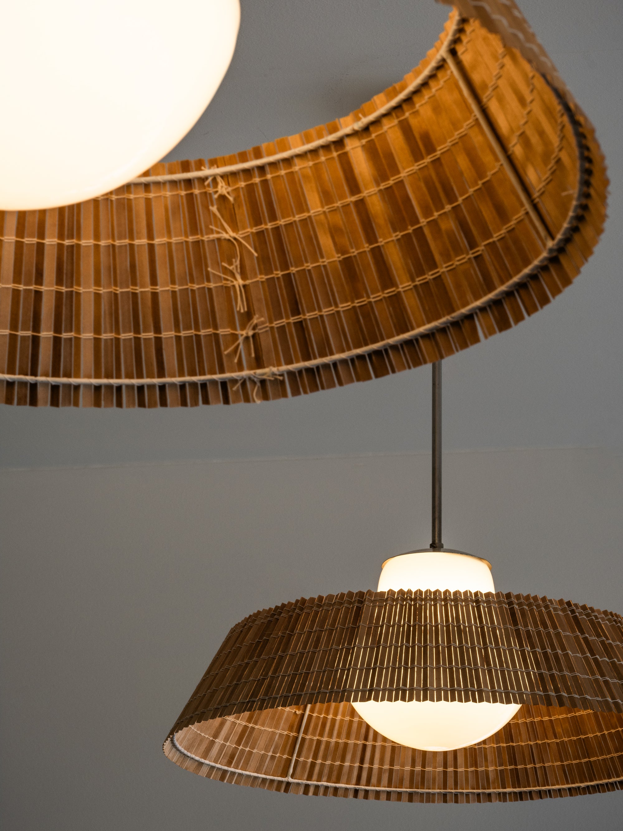 Rare Pair of Glass and Wood Slat Pendants by Gunilla Jung for Orno Oy, Finland