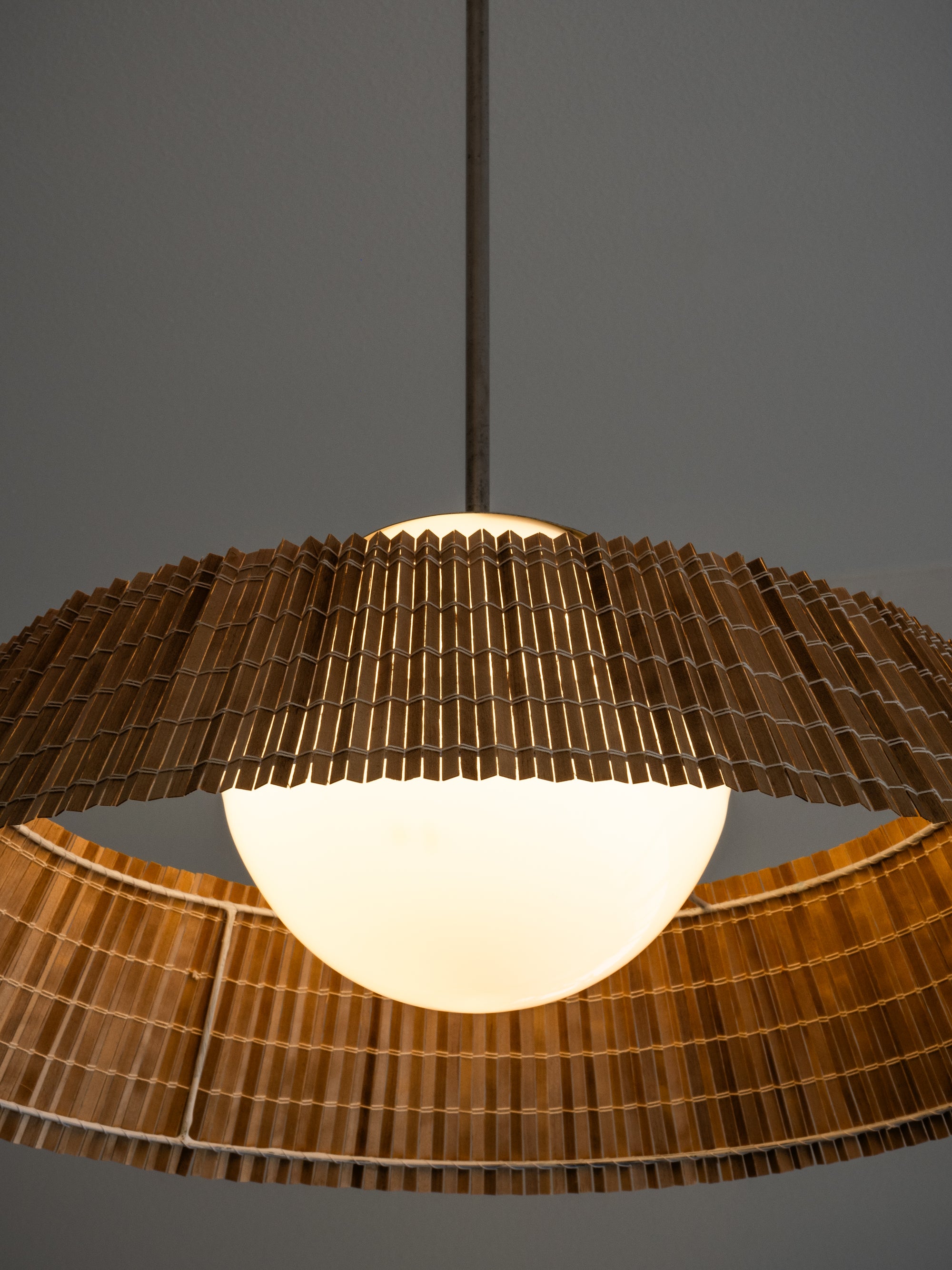 Rare Pair of Glass and Wood Slat Pendants by Gunilla Jung for Orno Oy, Finland