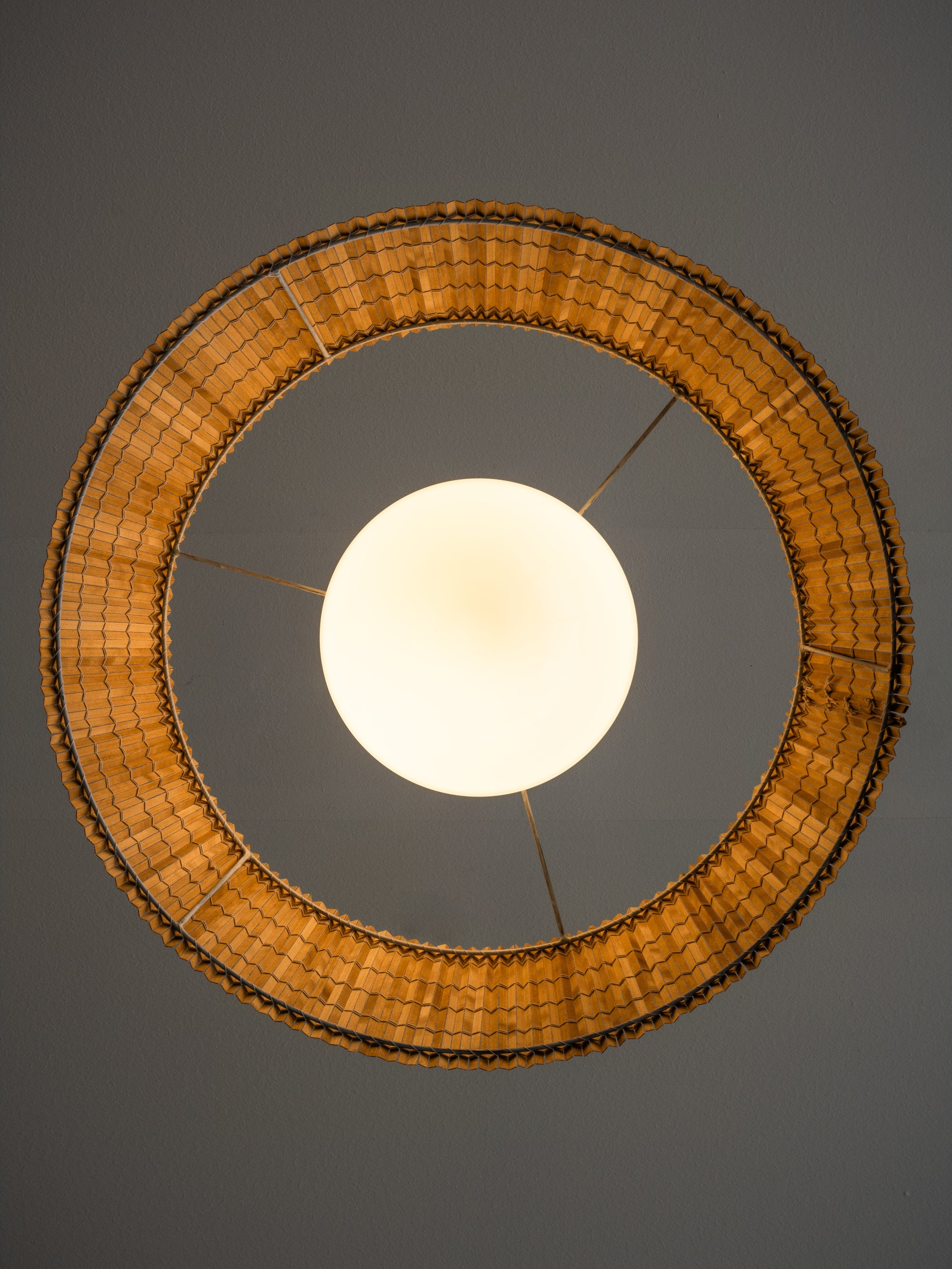 Rare Pair of Glass and Wood Slat Pendants by Gunilla Jung for Orno Oy, Finland