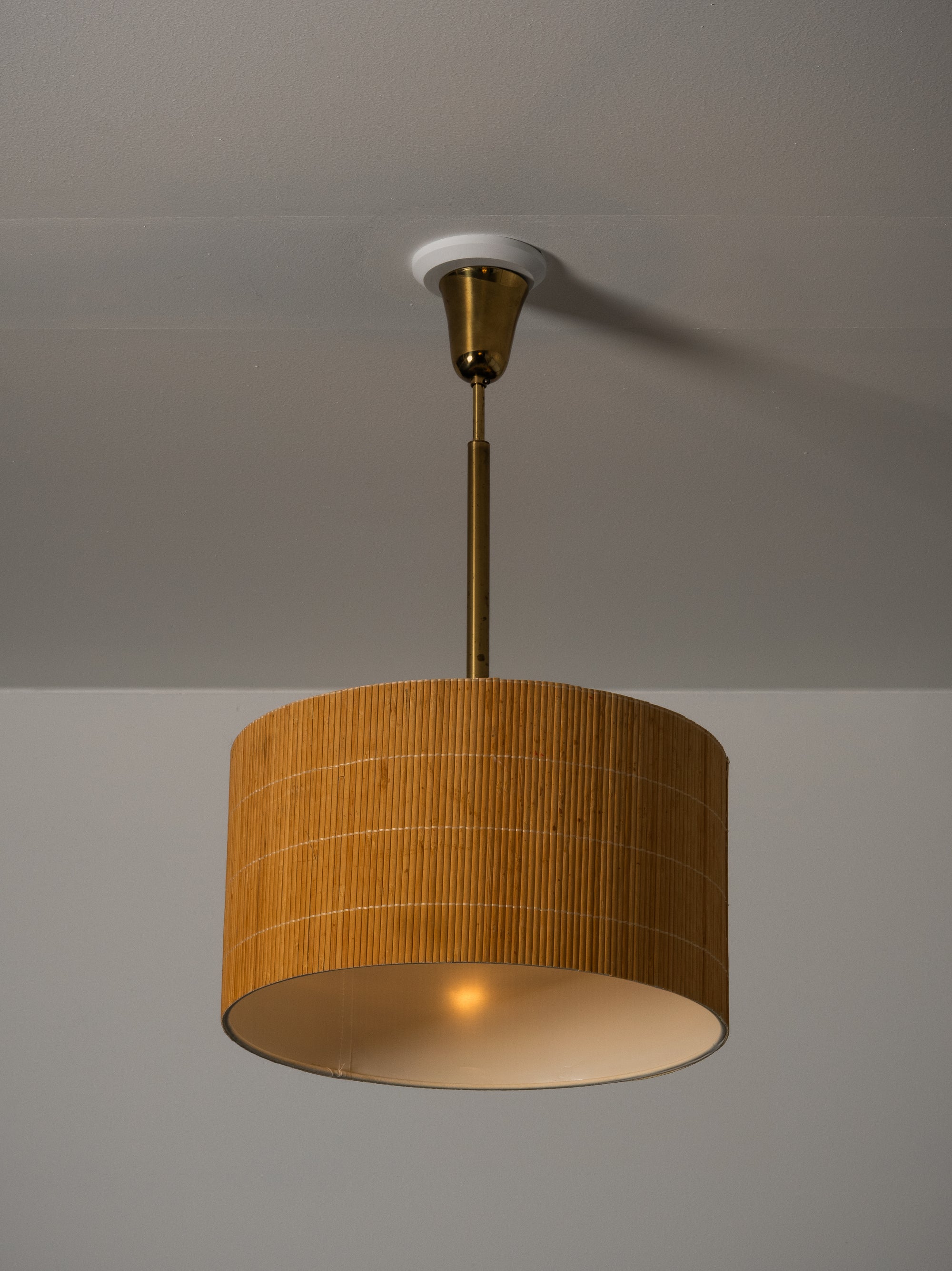Finnish Mid-Century Brass Pendant Light with Wooden Slat Shade