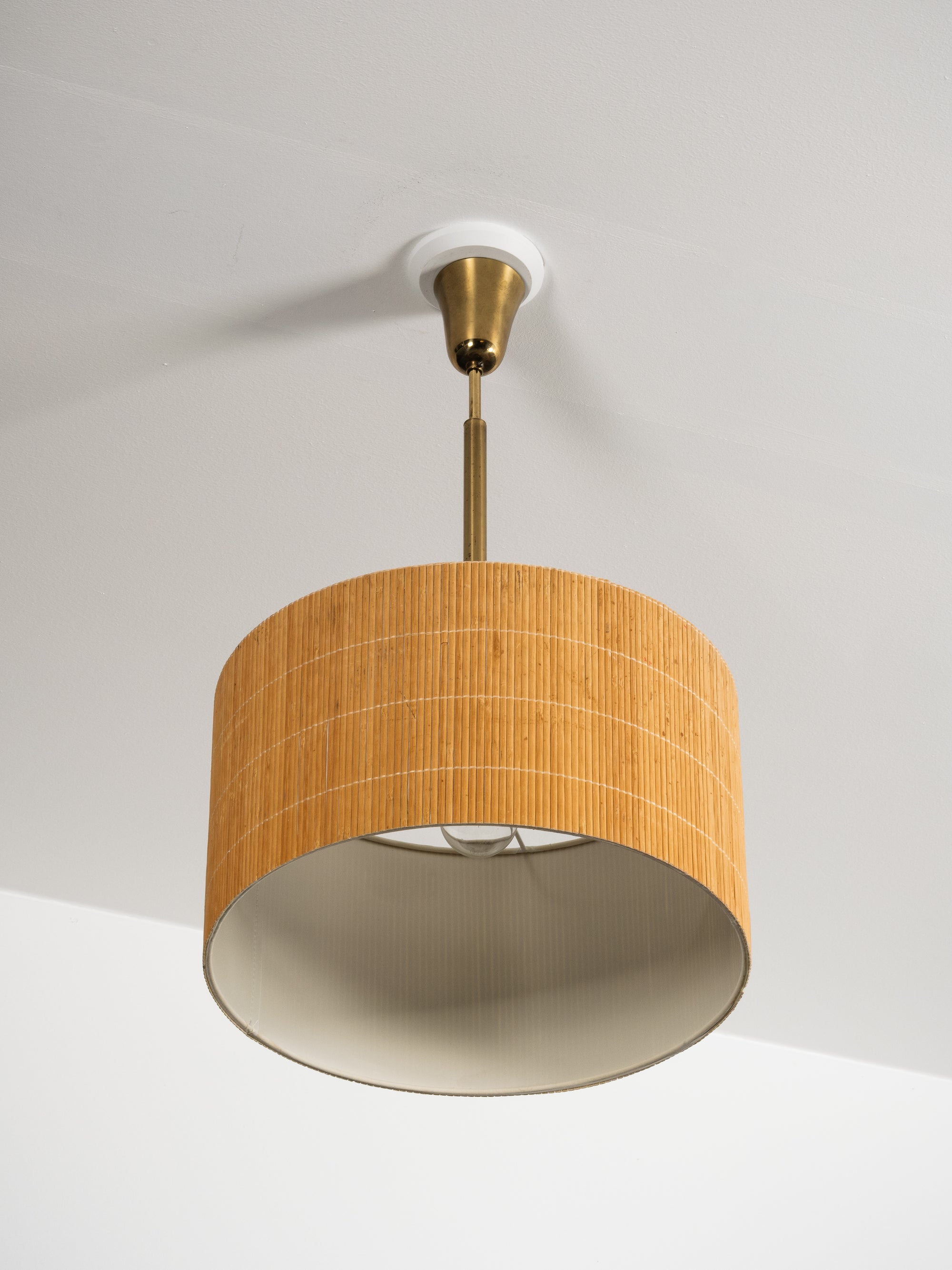 Finnish Mid-Century Brass Pendant Light with Wooden Slat Shade