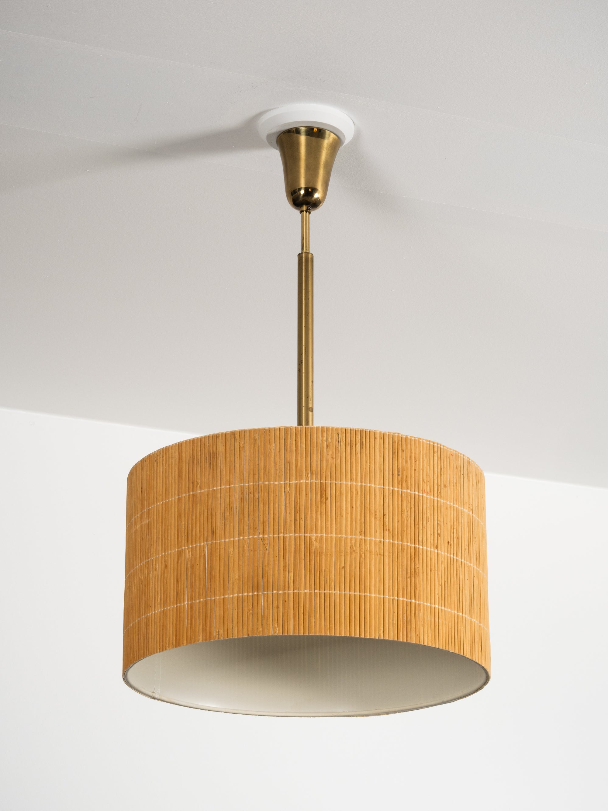 Finnish Mid-Century Brass Pendant Light with Wooden Slat Shade