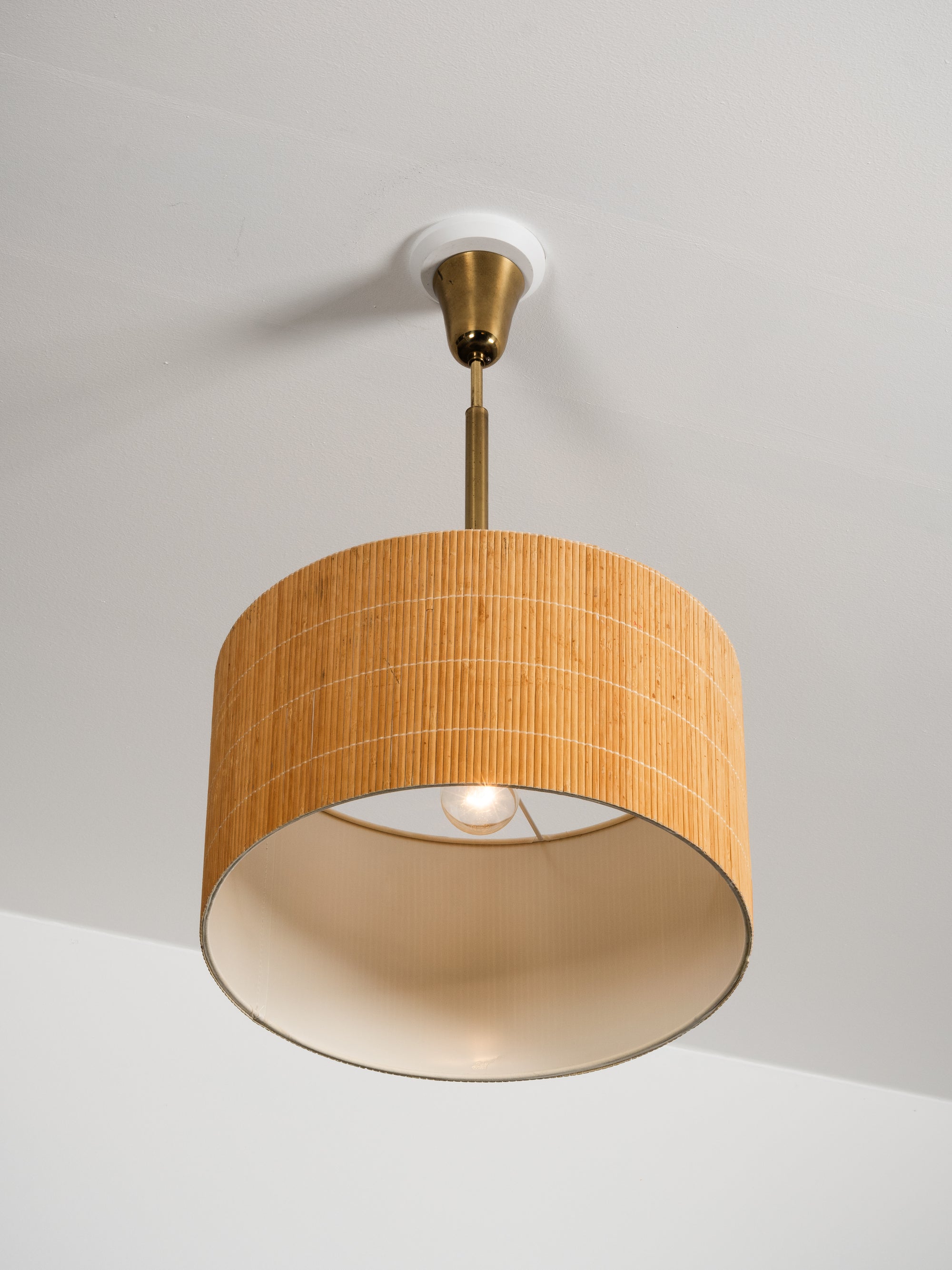 Finnish Mid-Century Brass Pendant Light with Wooden Slat Shade