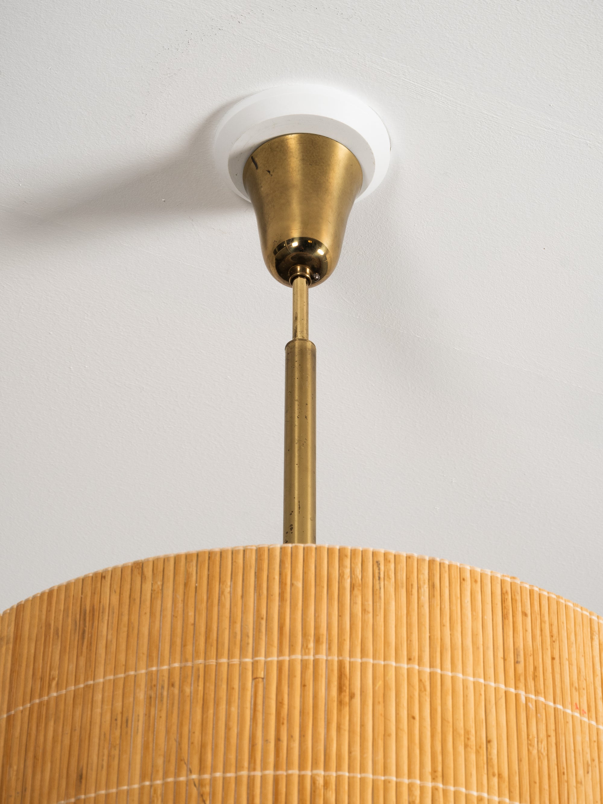 Finnish Mid-Century Brass Pendant Light with Wooden Slat Shade
