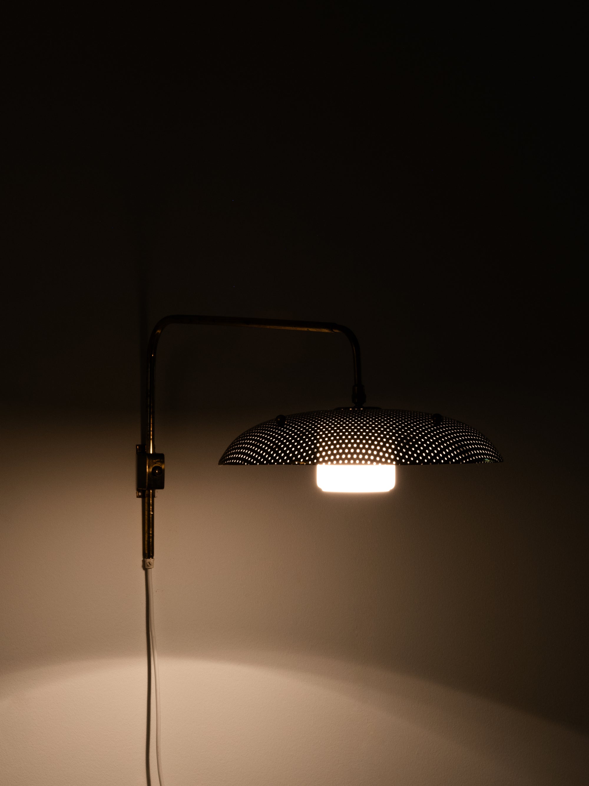 Perforated Brass Shade &amp; Opaline Glass Wall Light by Valinte Oy, Finland, 1950s