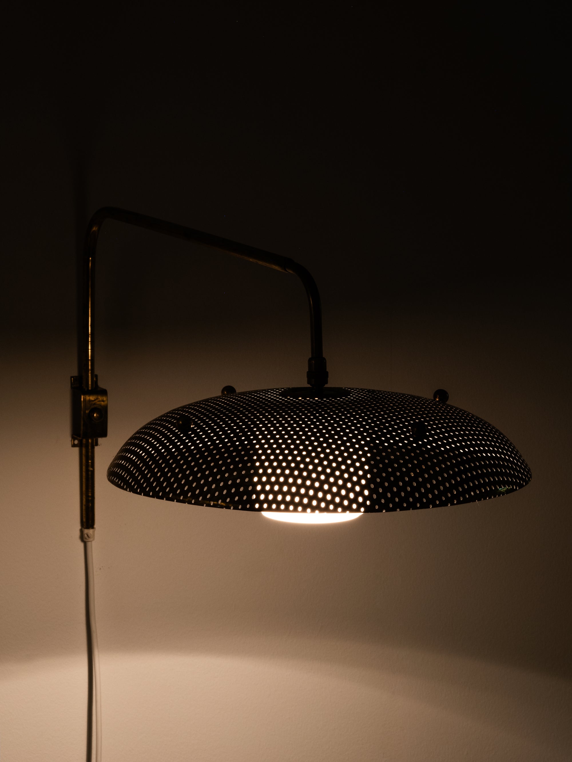 Perforated Brass Shade &amp; Opaline Glass Wall Light by Valinte Oy, Finland, 1950s