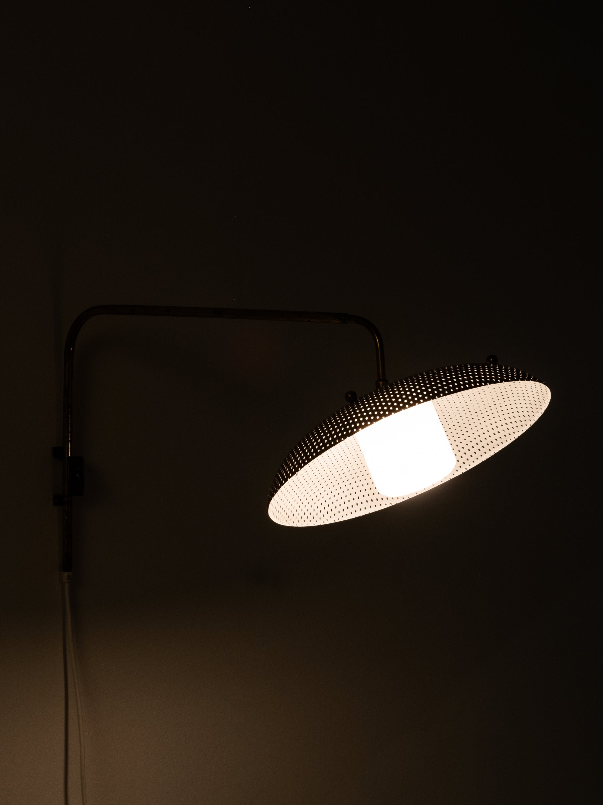 Perforated Brass Shade &amp; Opaline Glass Wall Light by Valinte Oy, Finland, 1950s