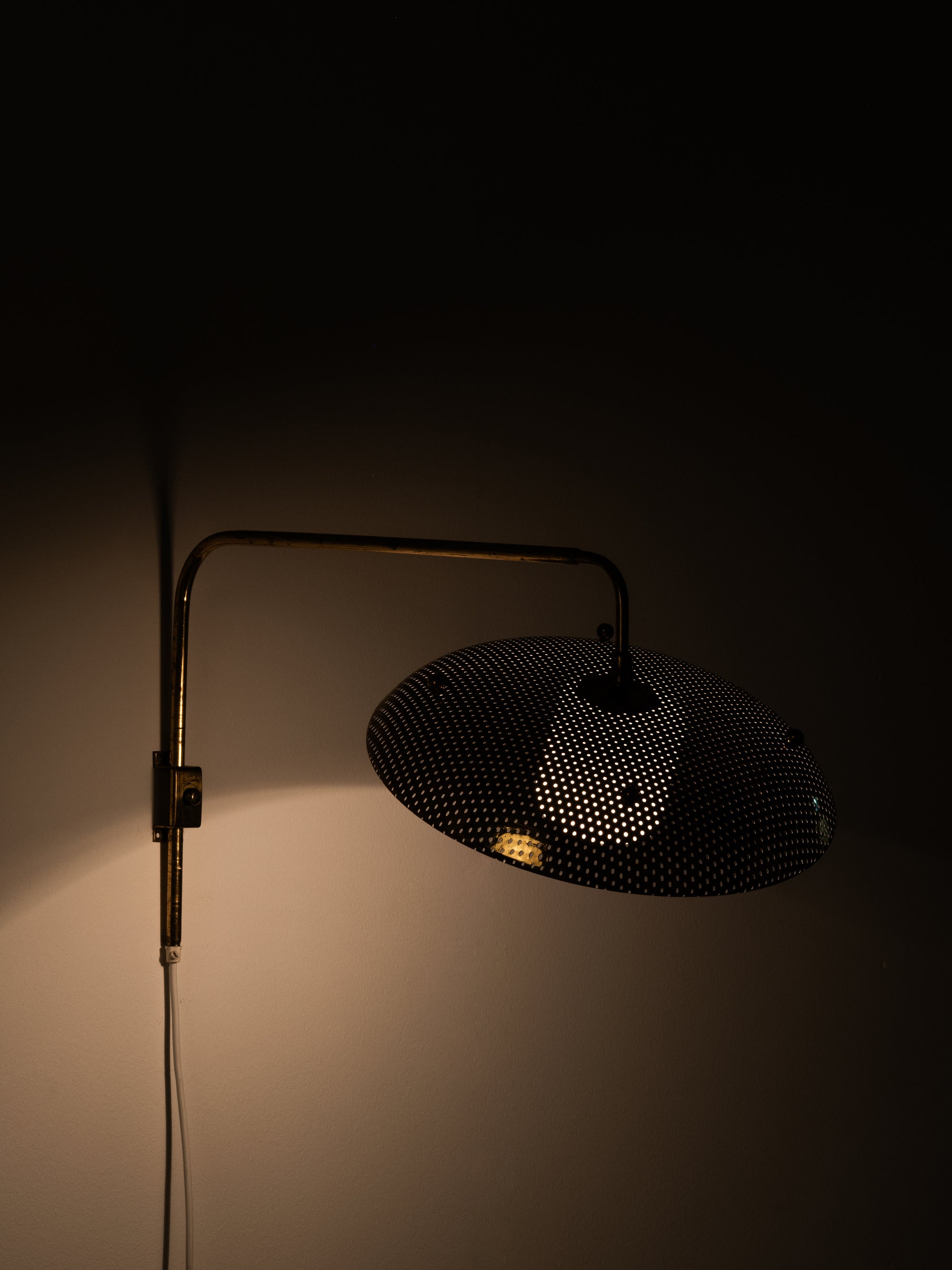Perforated Brass Shade &amp; Opaline Glass Wall Light by Valinte Oy, Finland, 1950s
