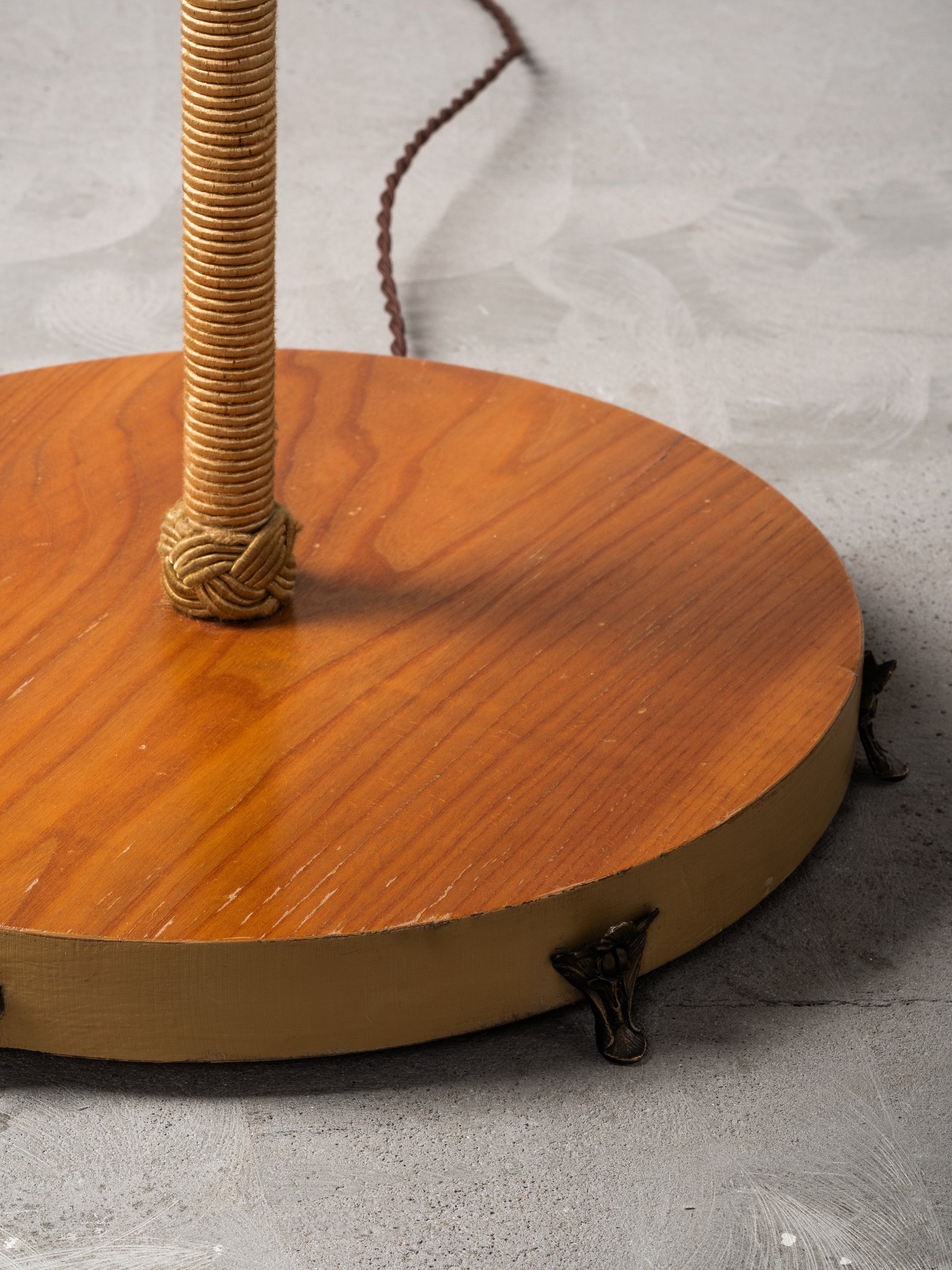 Art Deco Brass, Cord and Elm Floor Lamp with Integrated Table, Sweden, 1930s