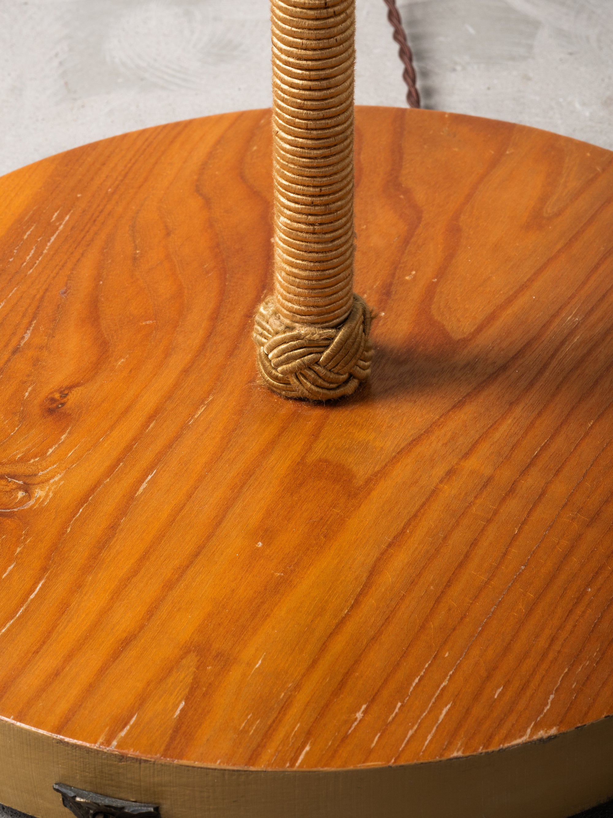 Art Deco Brass, Cord and Elm Floor Lamp with Integrated Table, Sweden, 1930s