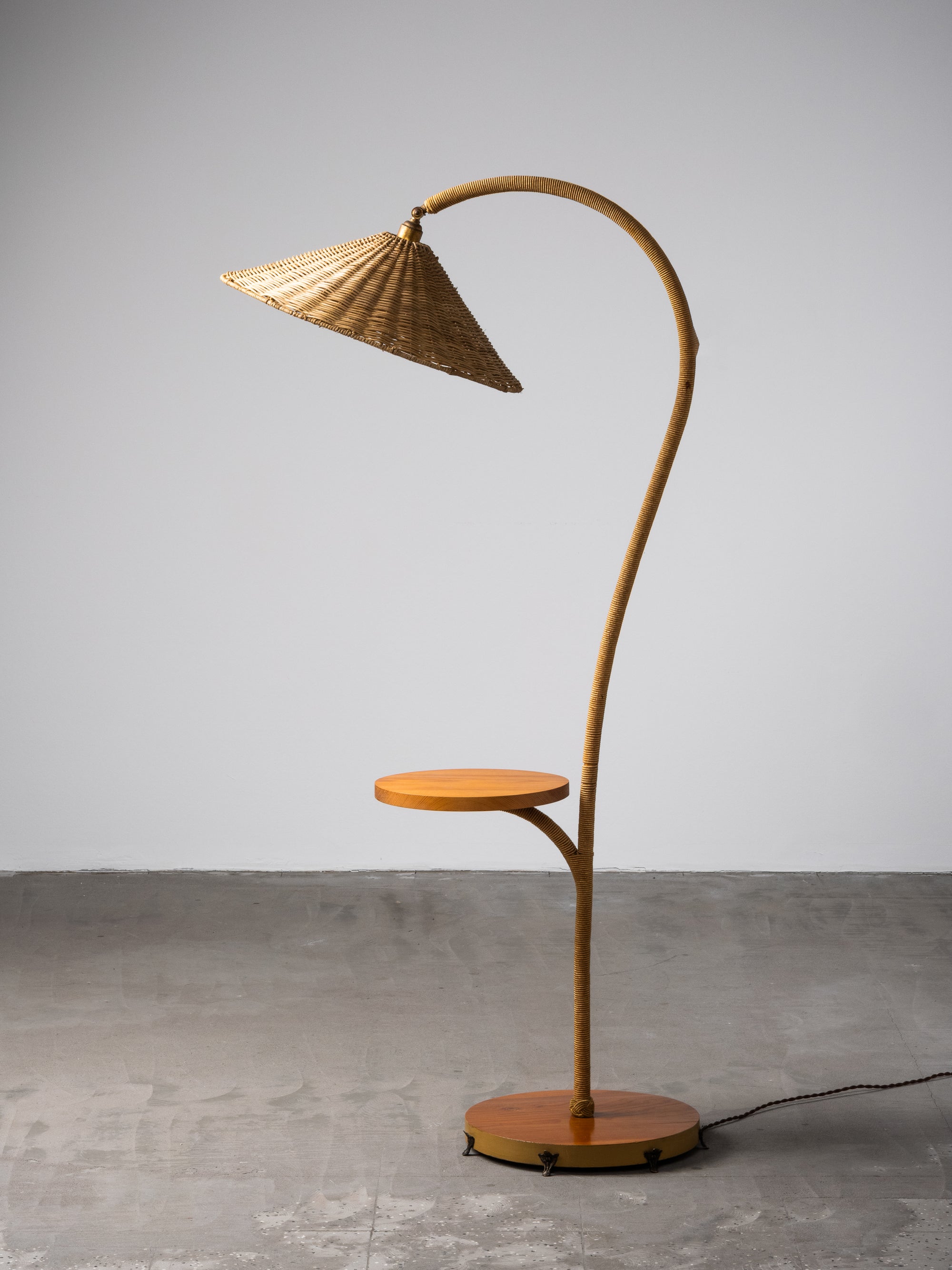 Art Deco Brass, Cord and Elm Floor Lamp with Integrated Table, Sweden, 1930s