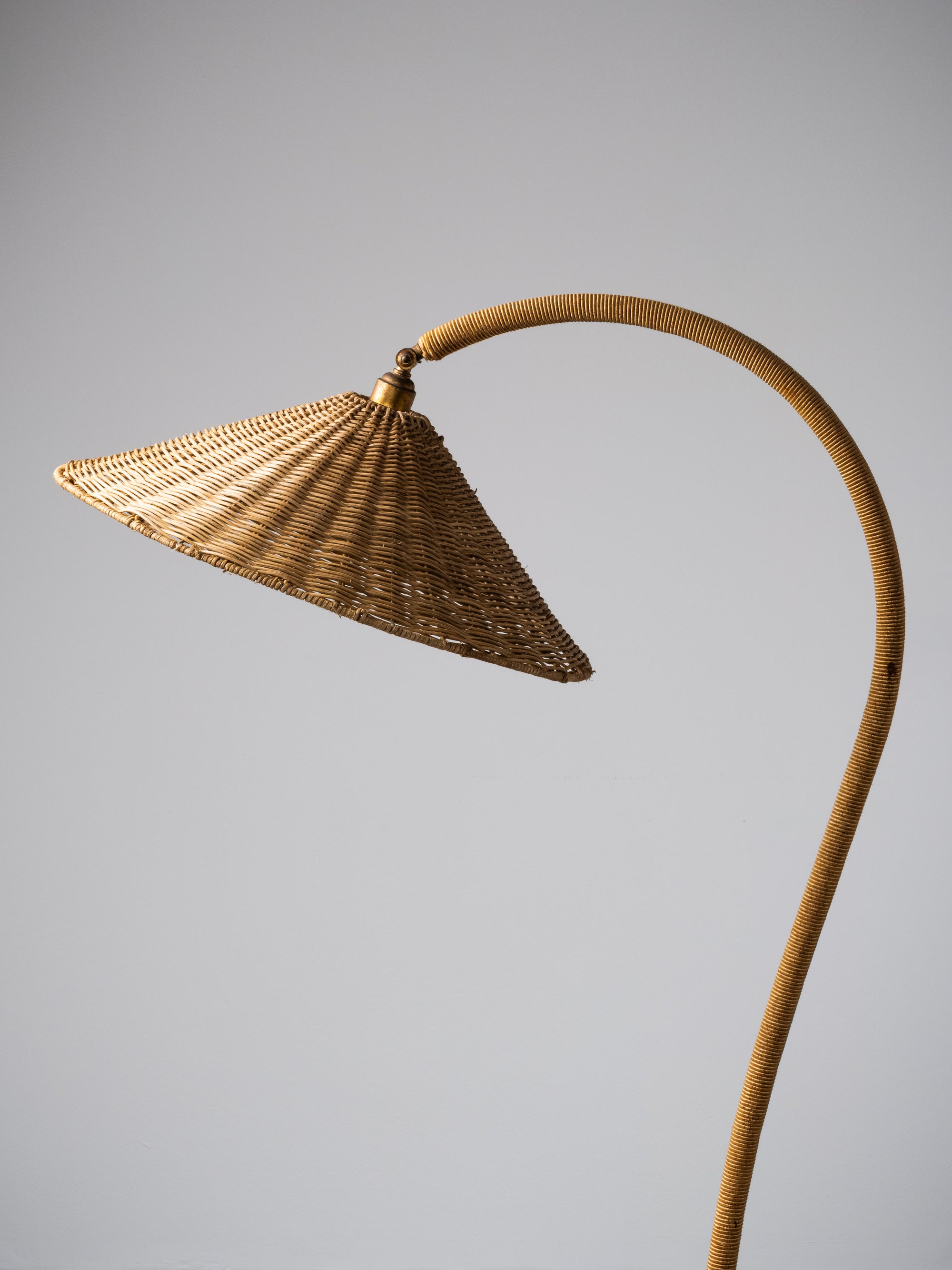 Art Deco Brass, Cord and Elm Floor Lamp with Integrated Table, Sweden, 1930s