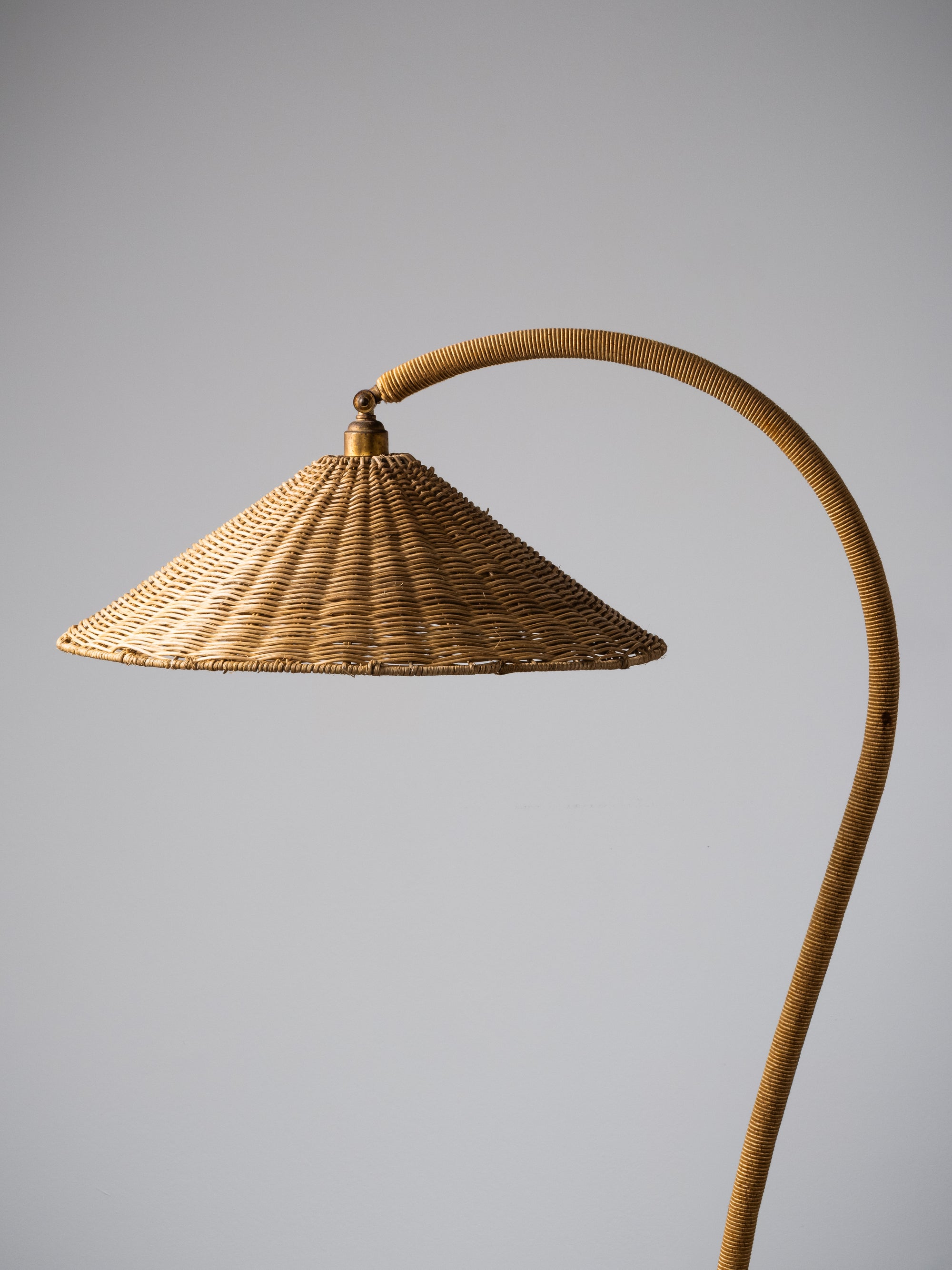 Art Deco Brass, Cord and Elm Floor Lamp with Integrated Table, Sweden, 1930s