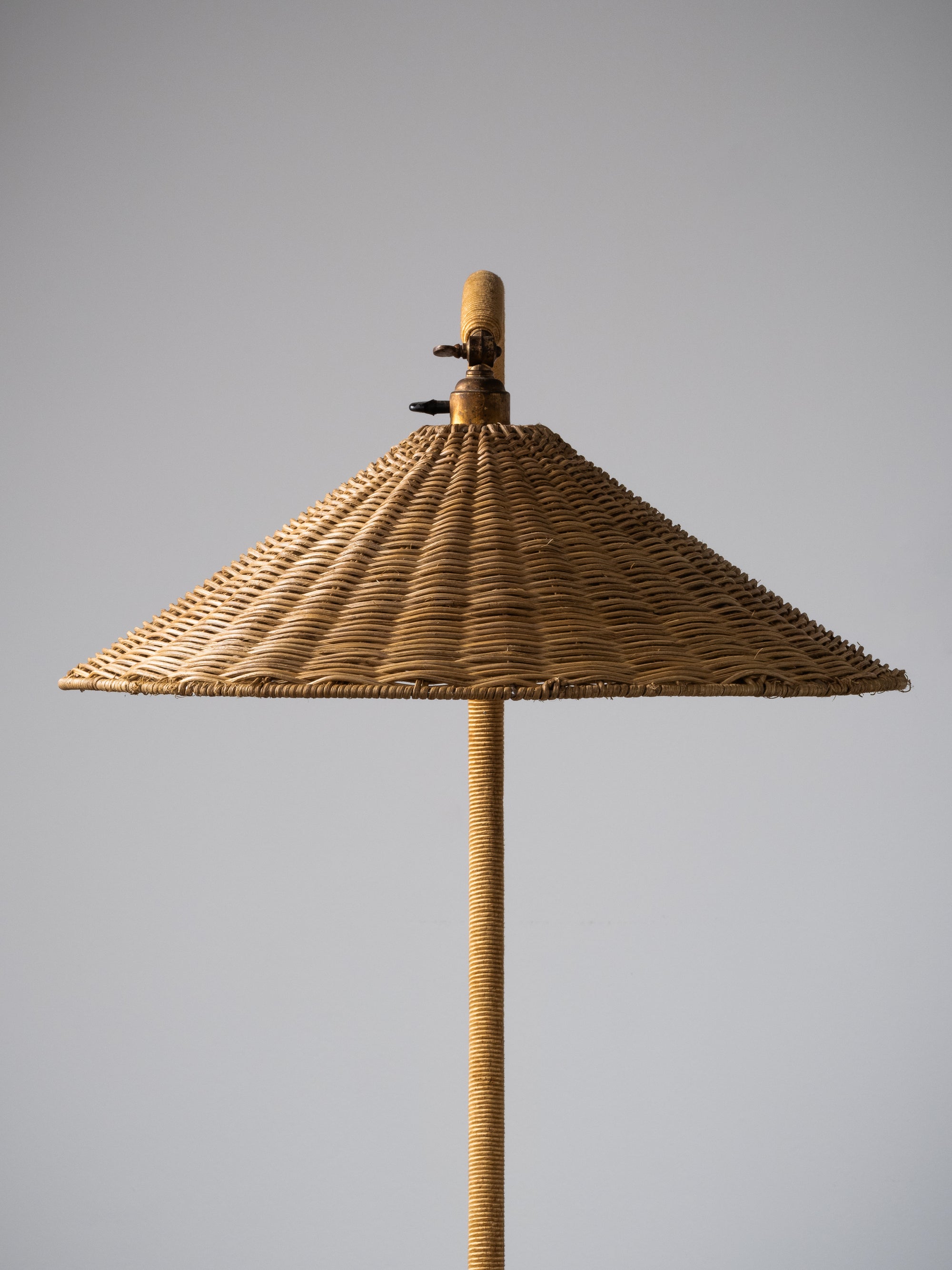 Art Deco Brass, Cord and Elm Floor Lamp with Integrated Table, Sweden, 1930s