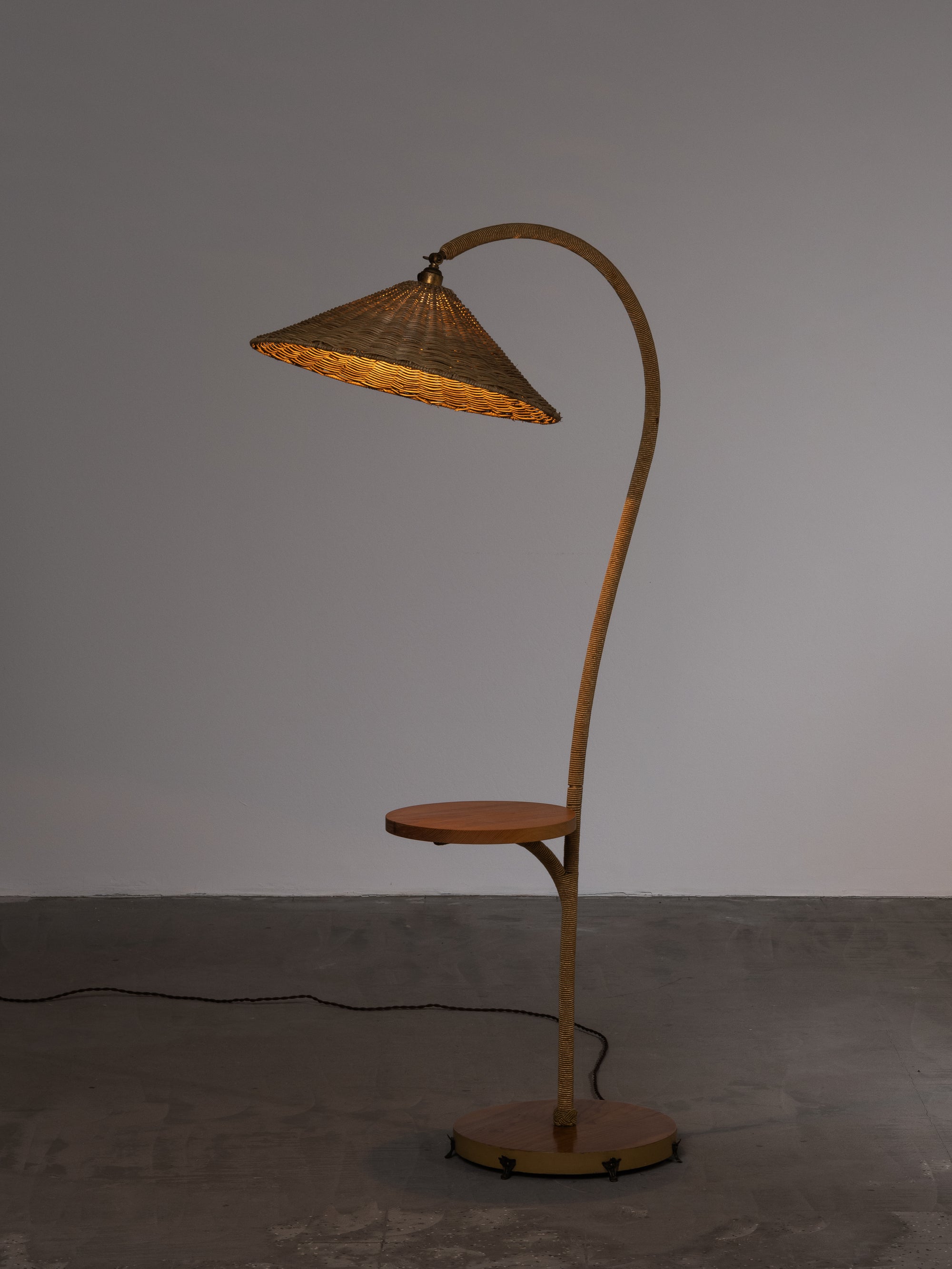 Art Deco Brass, Cord and Elm Floor Lamp with Integrated Table, Sweden, 1930s