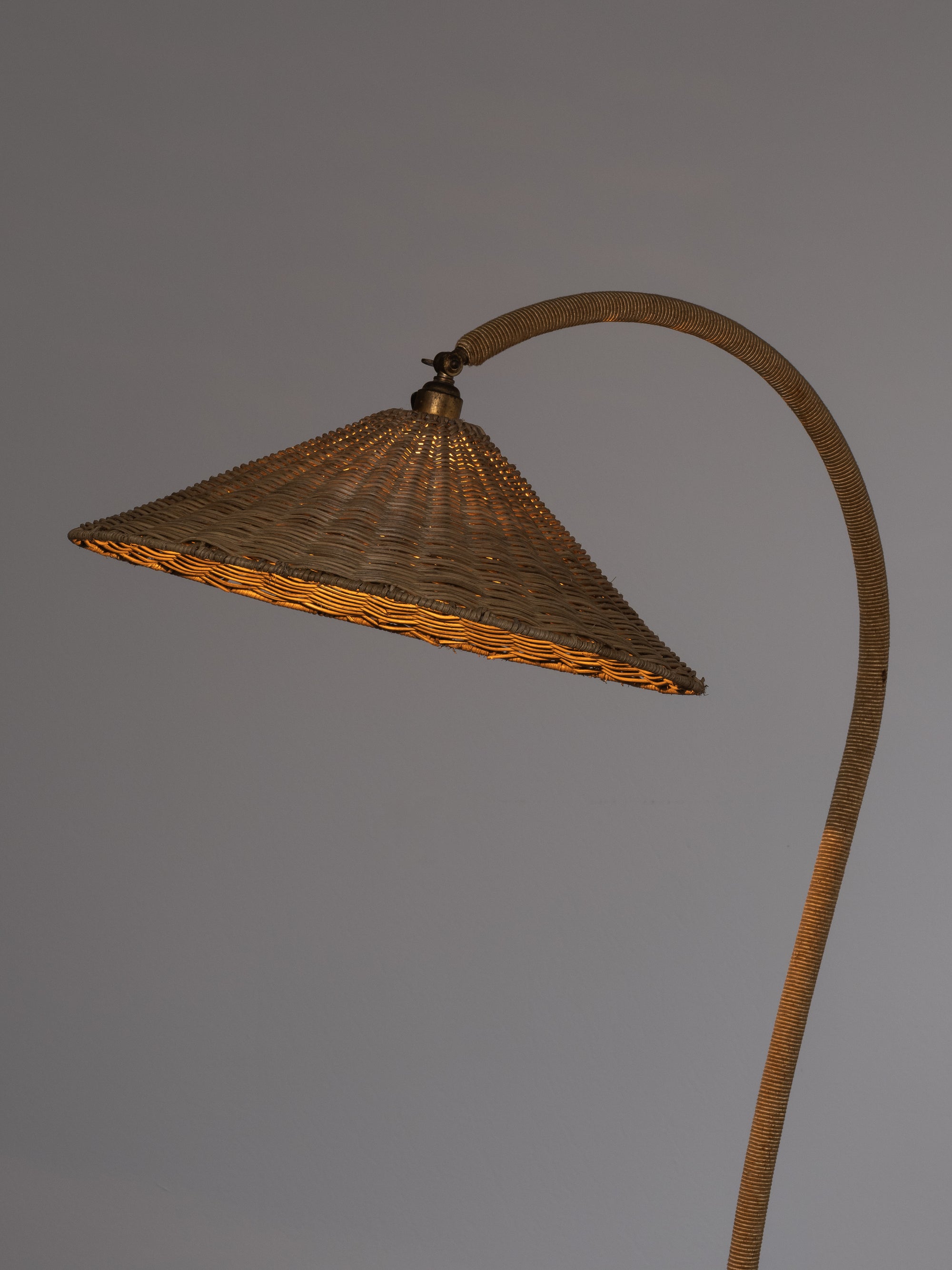Art Deco Brass, Cord and Elm Floor Lamp with Integrated Table, Sweden, 1930s