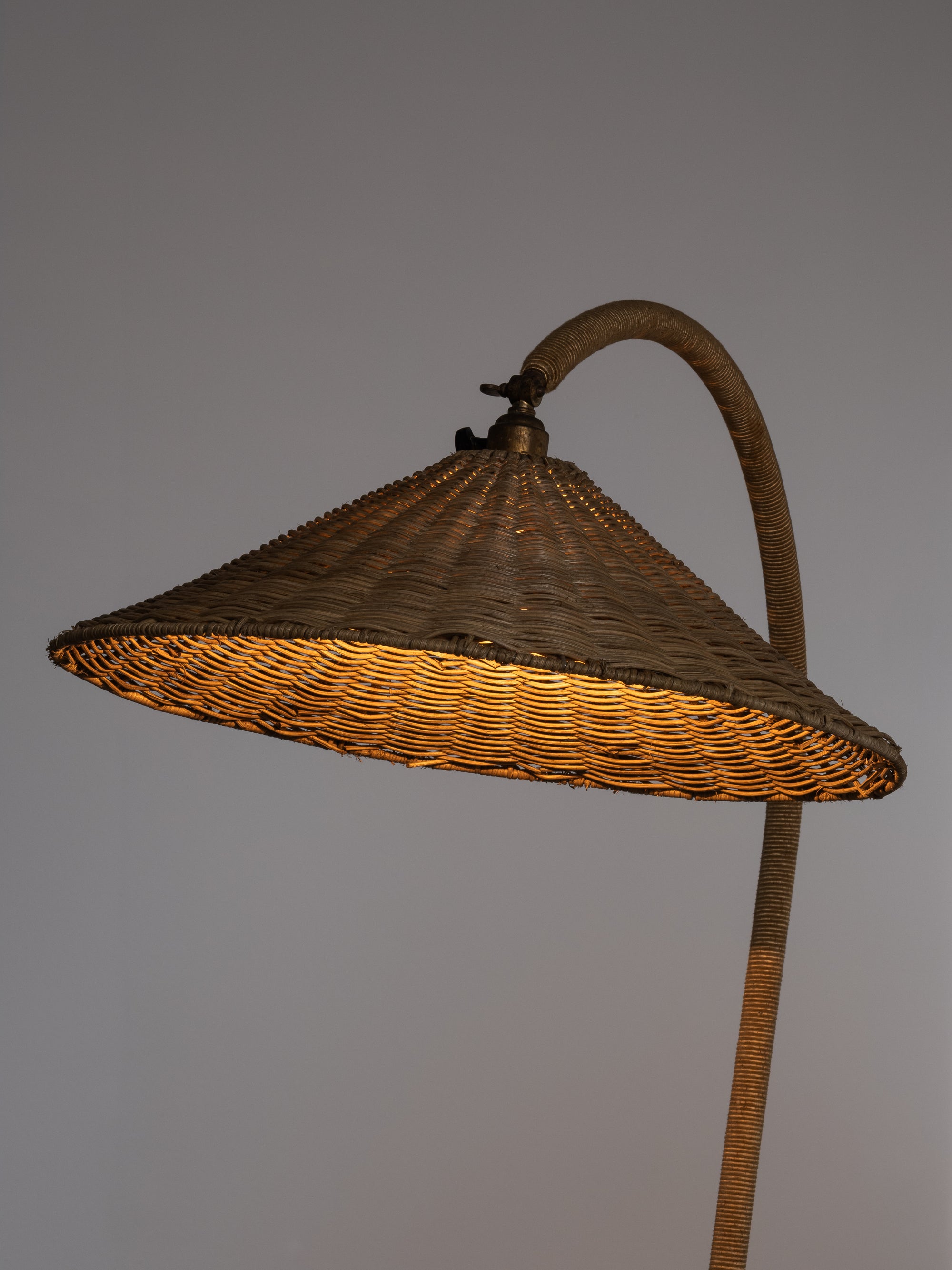 Art Deco Brass, Cord and Elm Floor Lamp with Integrated Table, Sweden, 1930s
