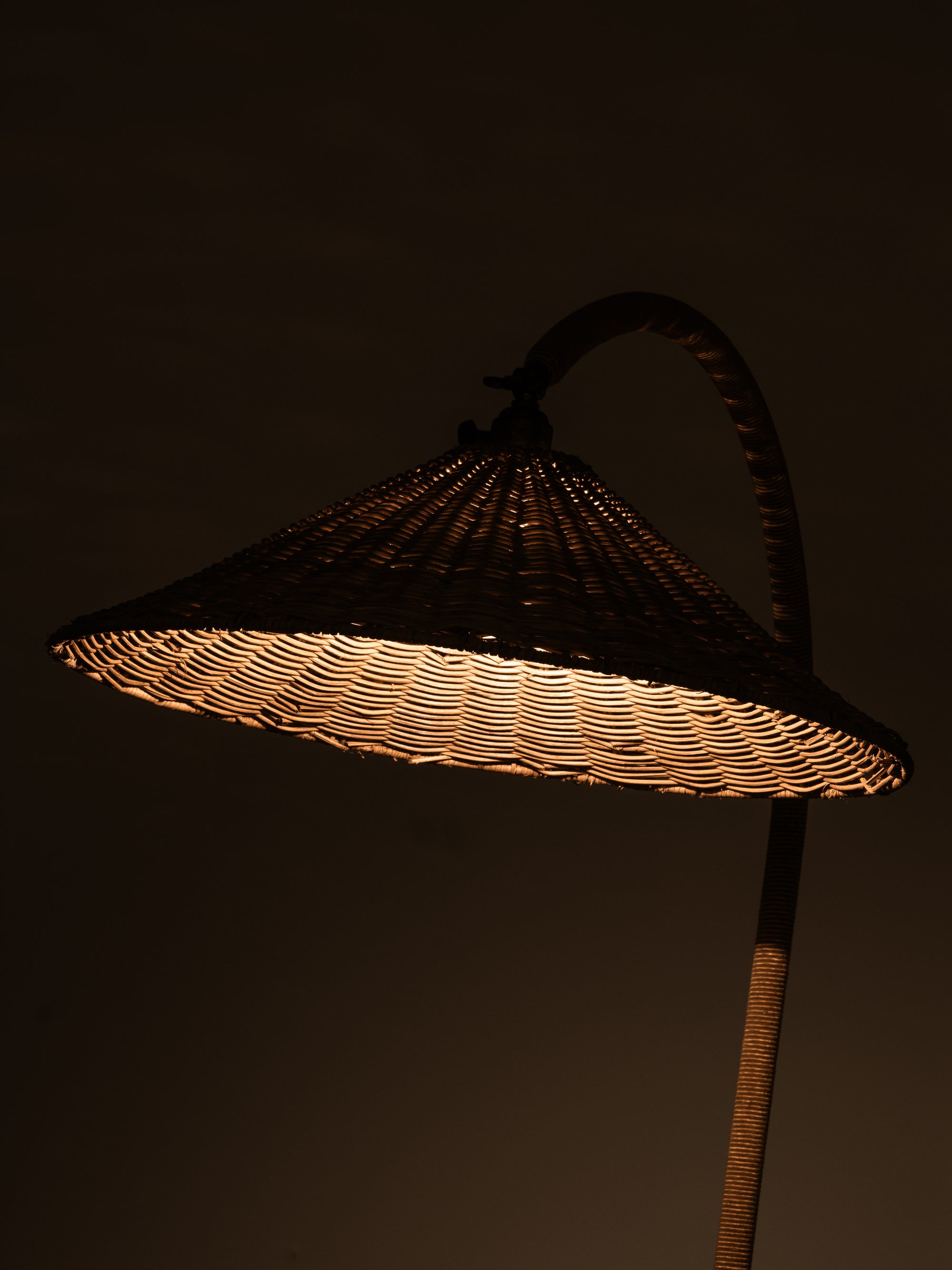 Art Deco Brass, Cord and Elm Floor Lamp with Integrated Table, Sweden, 1930s