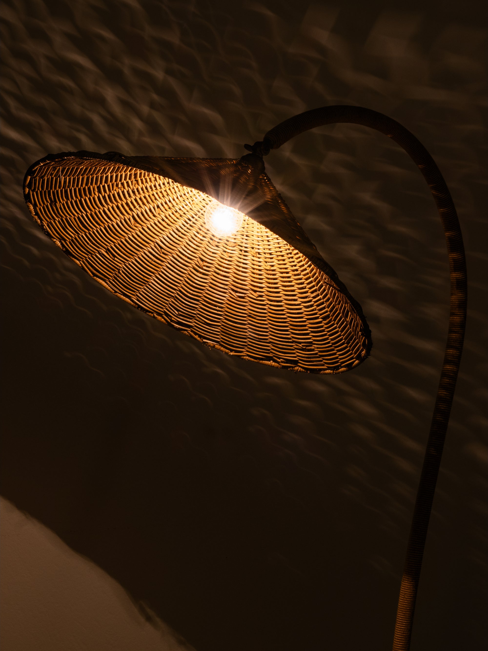 Art Deco Brass, Cord and Elm Floor Lamp with Integrated Table, Sweden, 1930s
