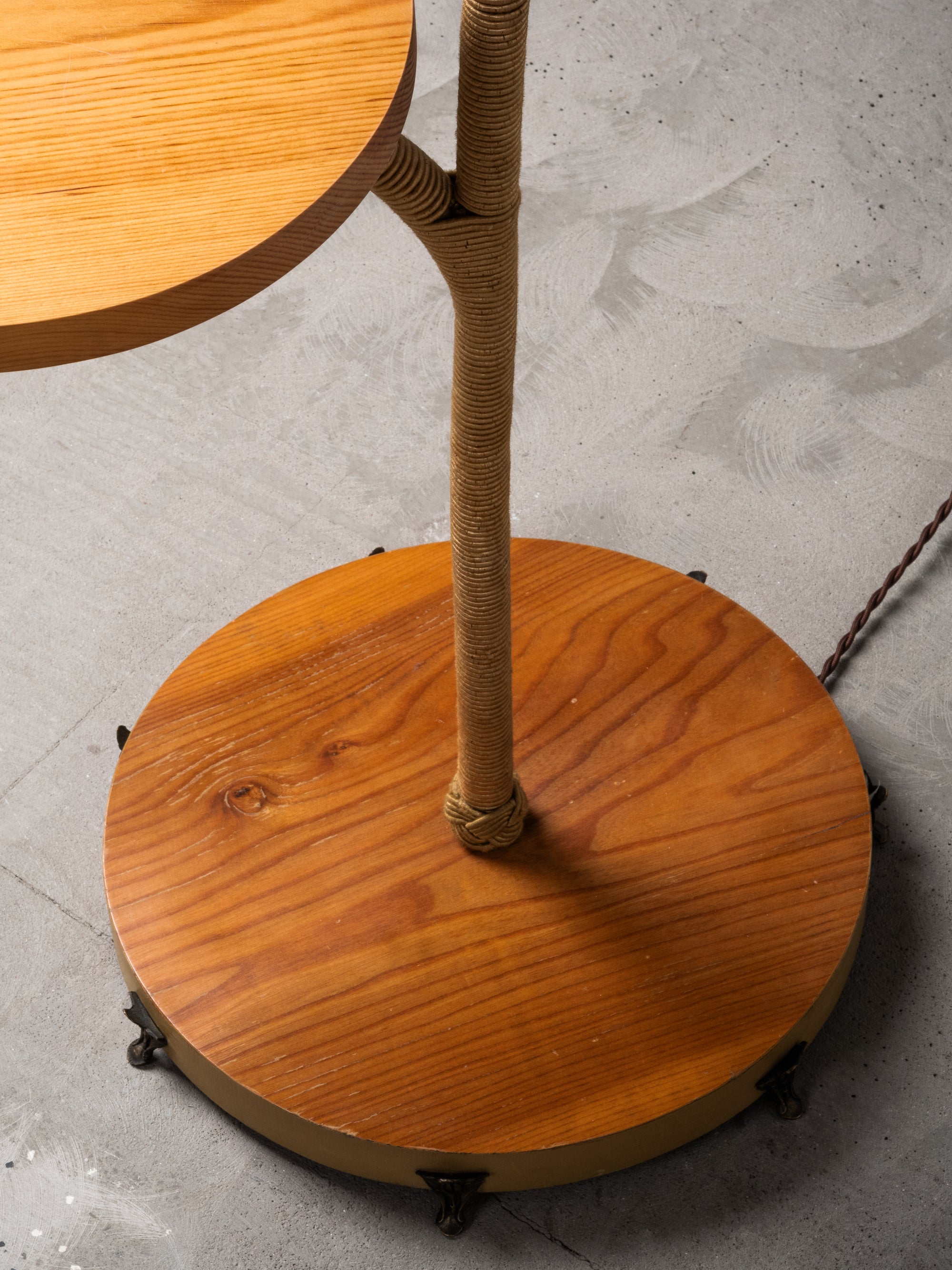 Art Deco Brass, Cord and Elm Floor Lamp with Integrated Table, Sweden, 1930s