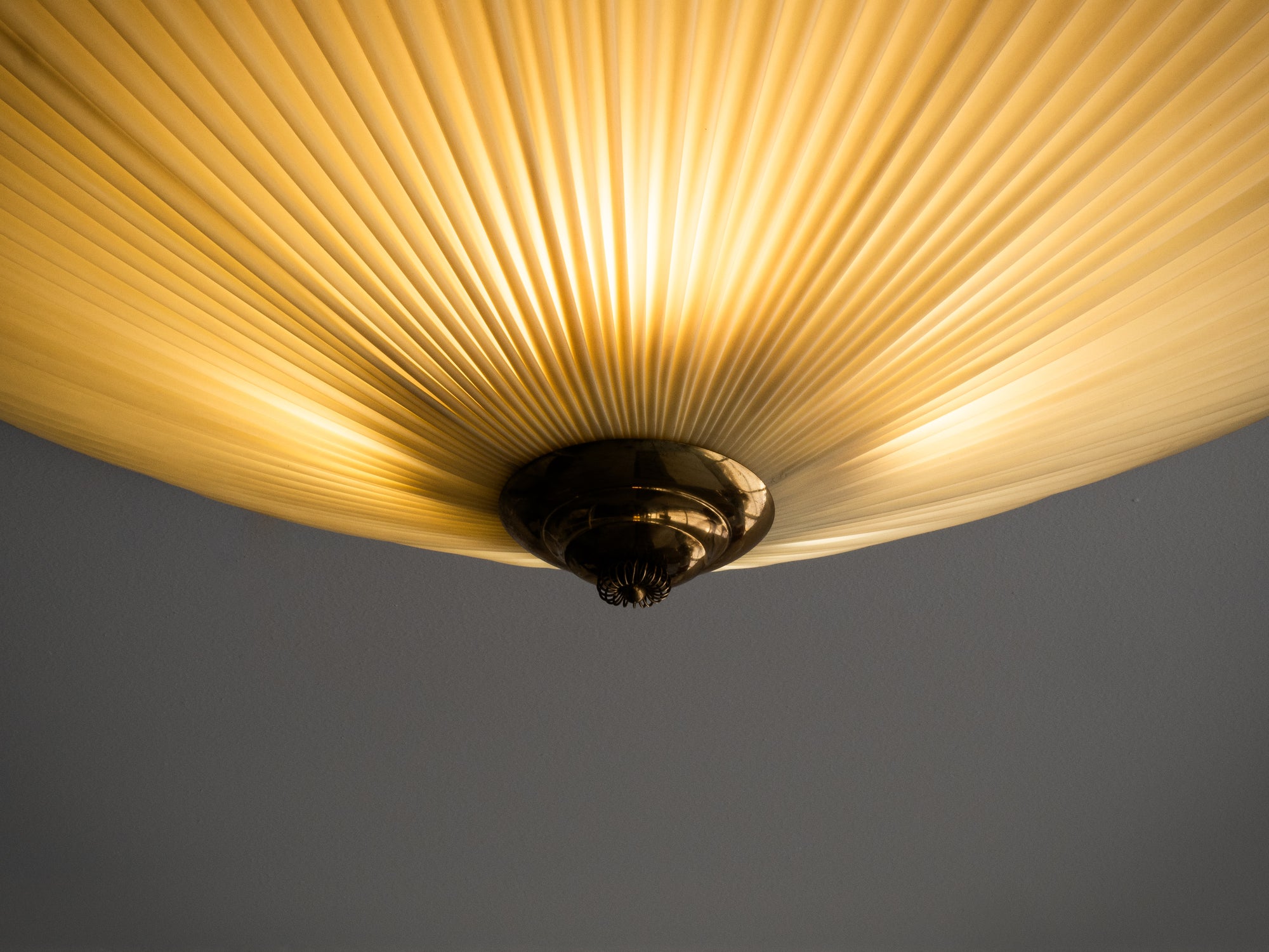 Large Brass &amp; Synthetic Textile Flush Mount by Paavo Tynell for Idman, Finland