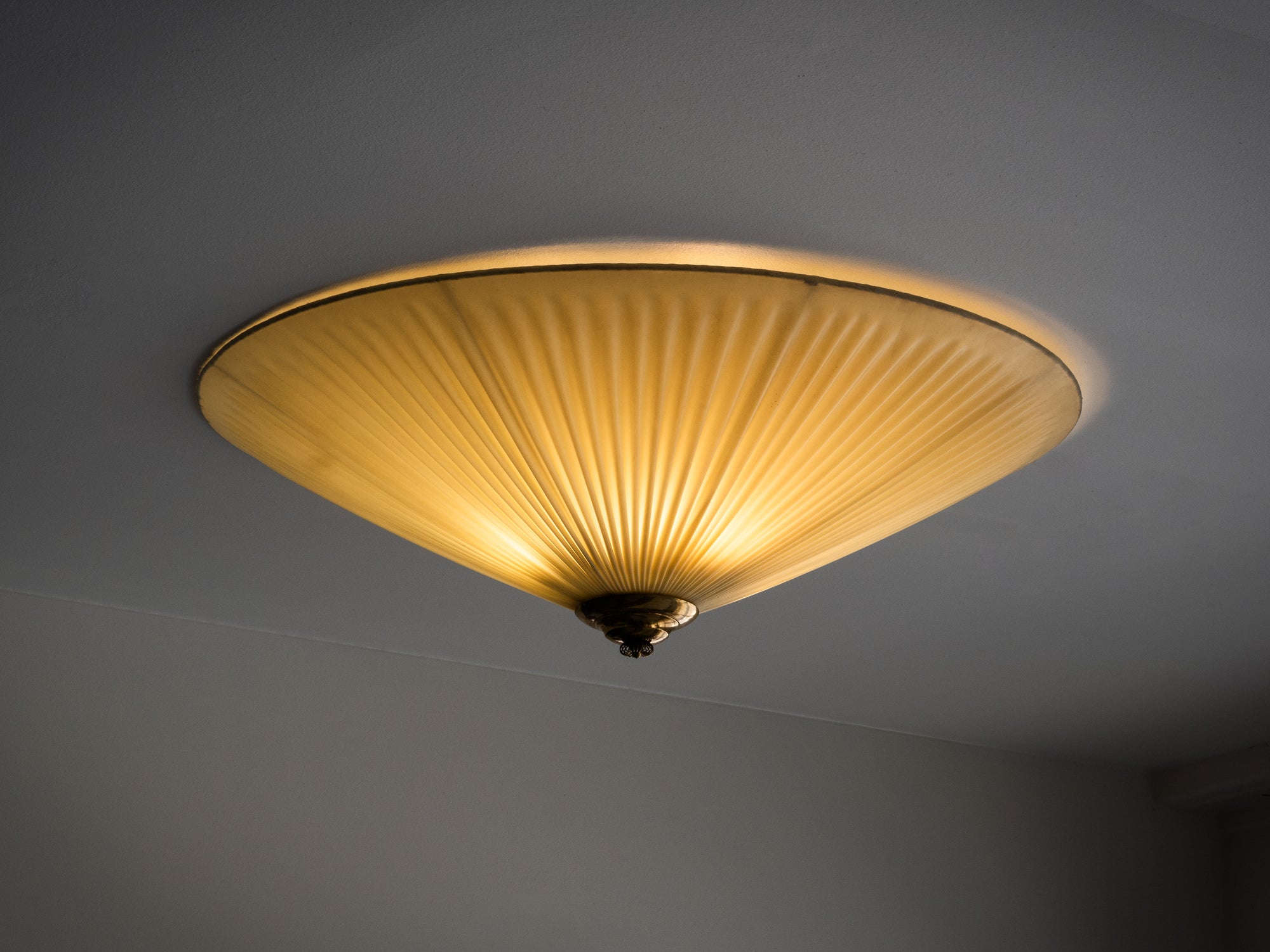Large Brass &amp; Synthetic Textile Flush Mount by Paavo Tynell for Idman, Finland