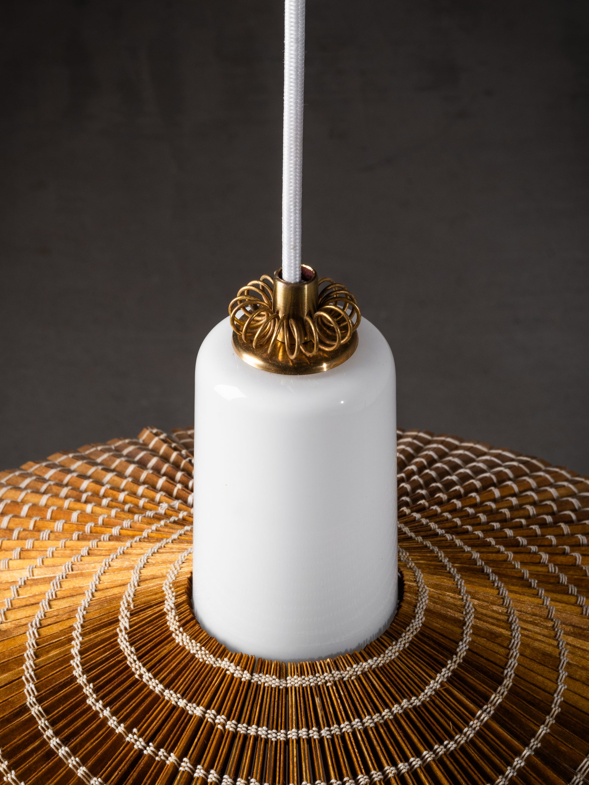 Pendant Model K3-44 in Glass, Wood Slat &amp; Brass by Paavo Tynell for Idman, 1950s