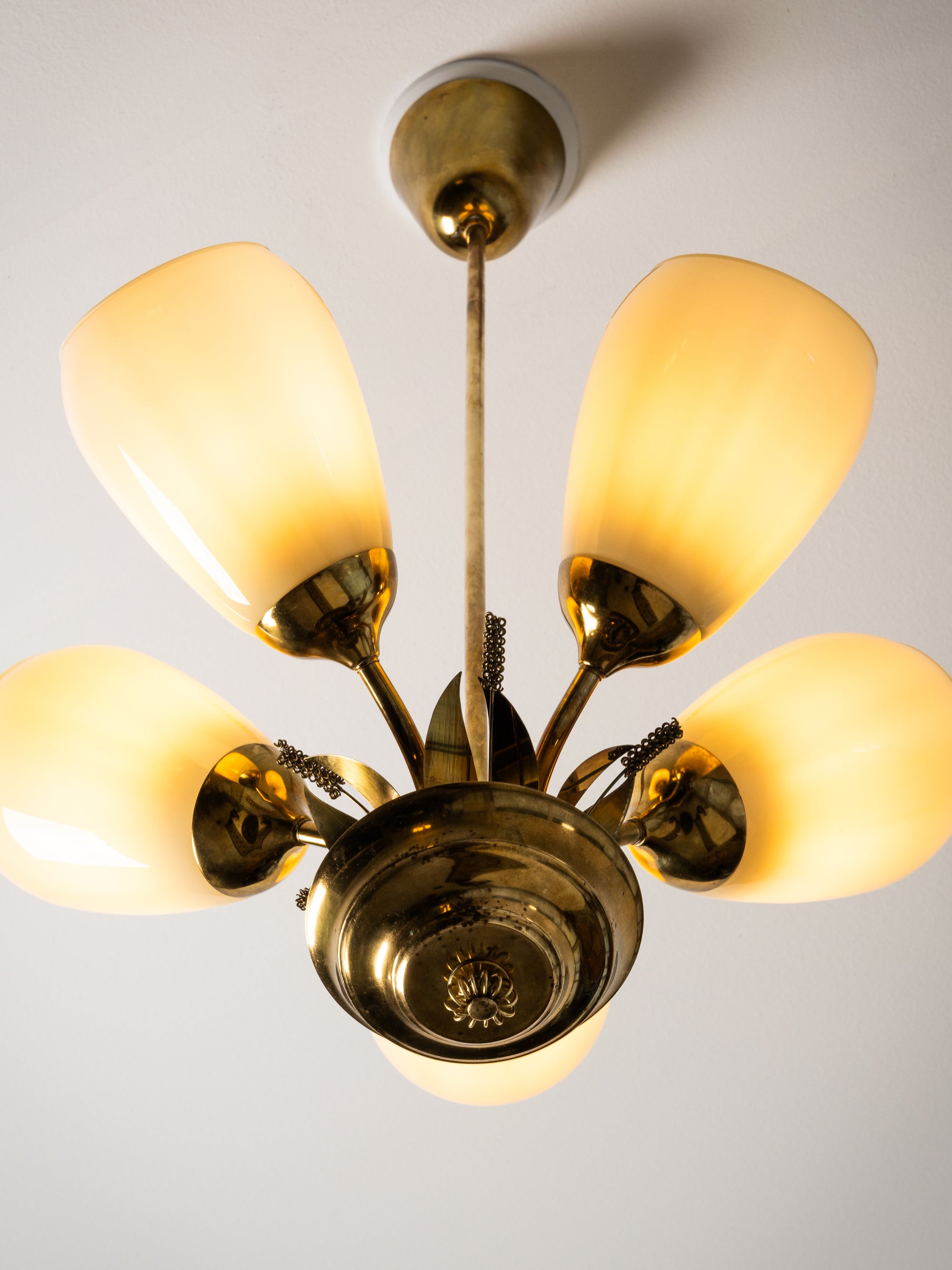 Scandinavian Modern Brass and Glass Chandelier with Botanical Details, Finland