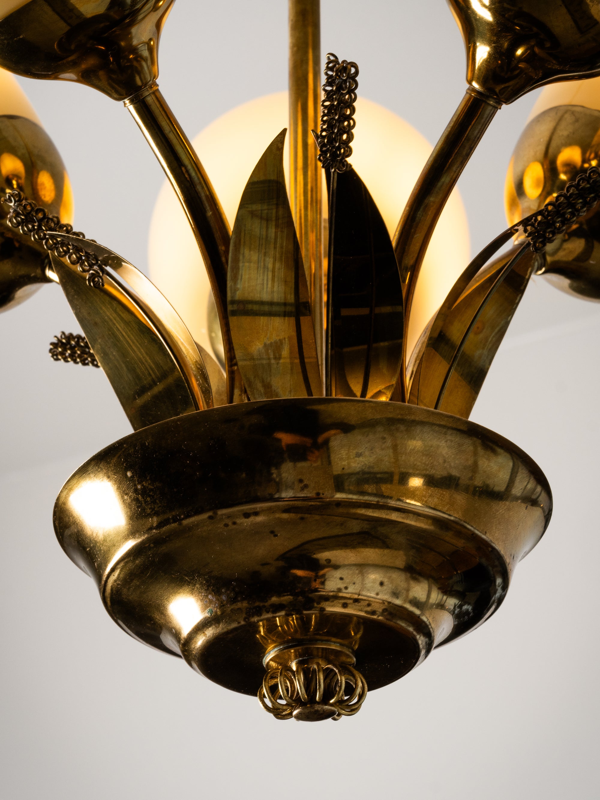 Scandinavian Modern Brass and Glass Chandelier with Botanical Details, Finland