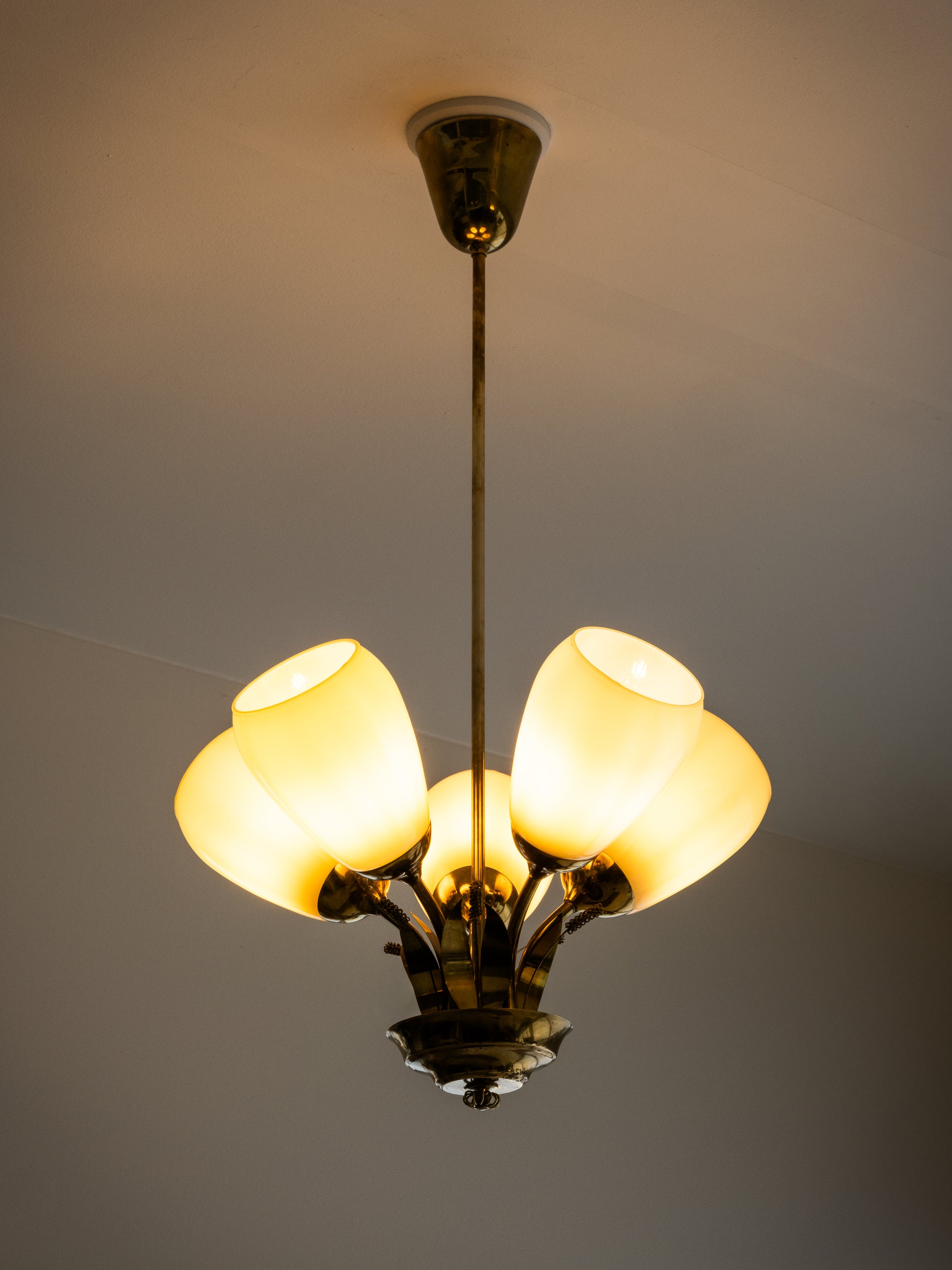 Scandinavian Modern Brass and Glass Chandelier with Botanical Details, Finland