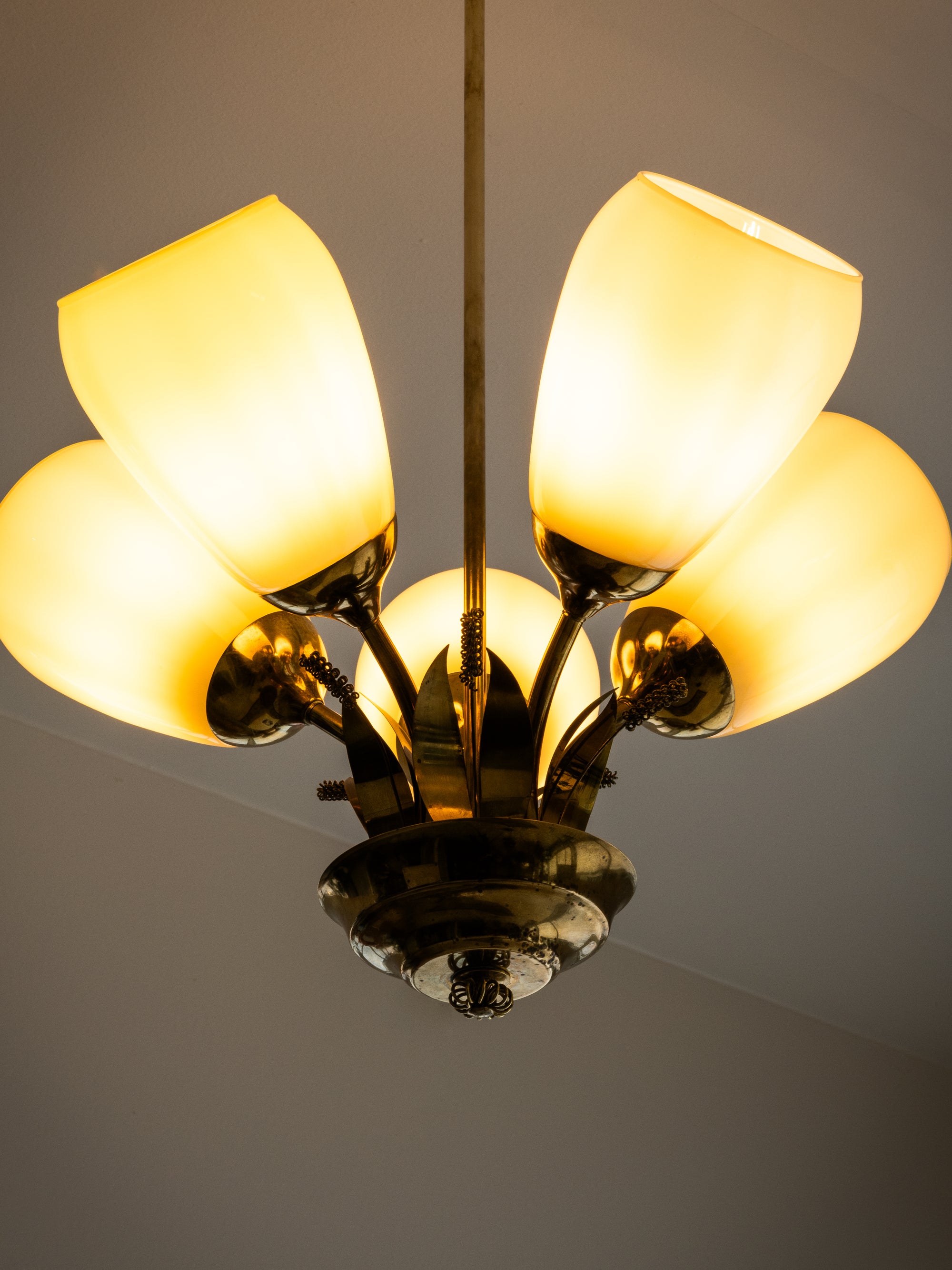 Scandinavian Modern Brass and Glass Chandelier with Botanical Details, Finland