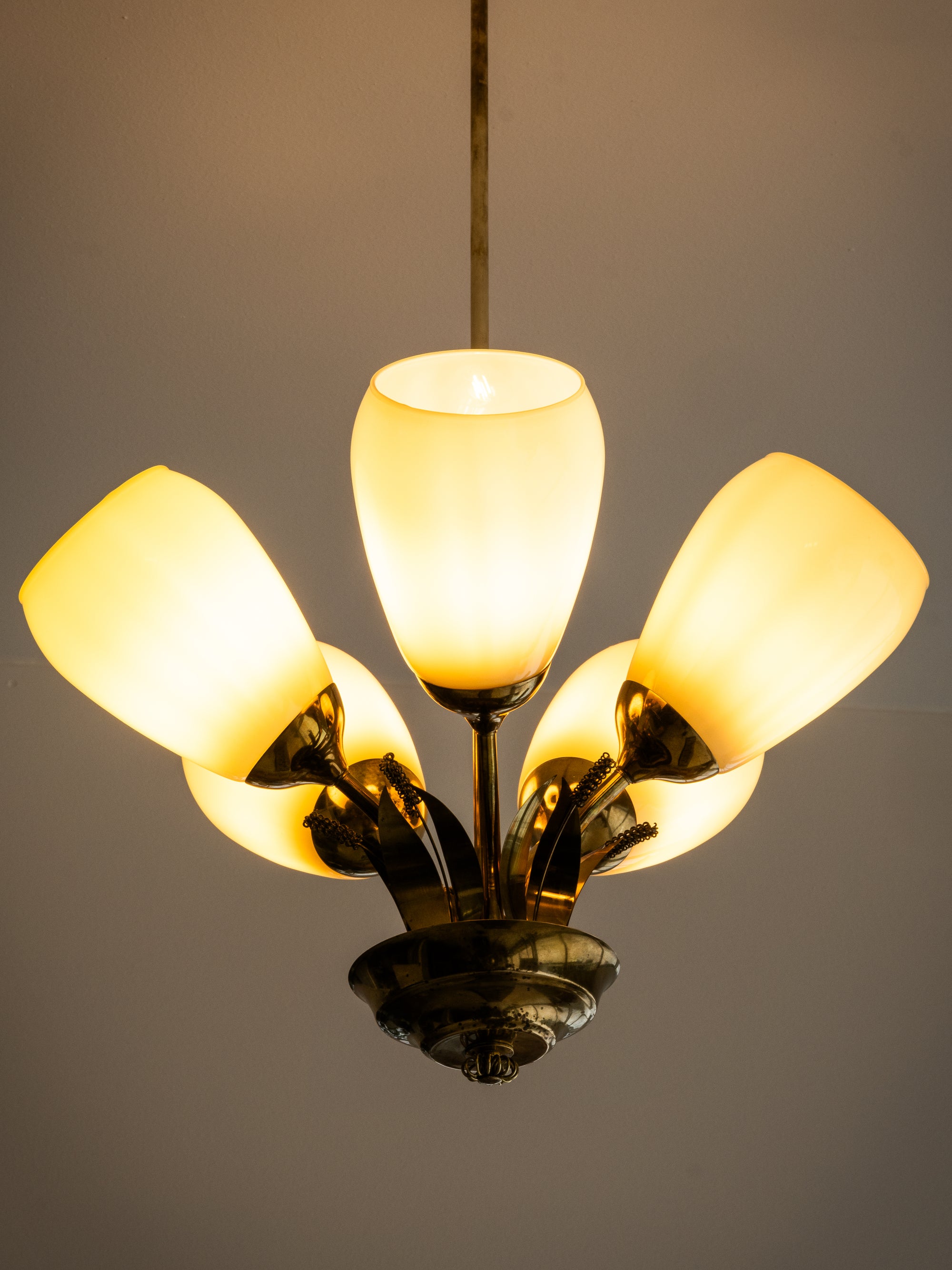 Scandinavian Modern Brass and Glass Chandelier with Botanical Details, Finland
