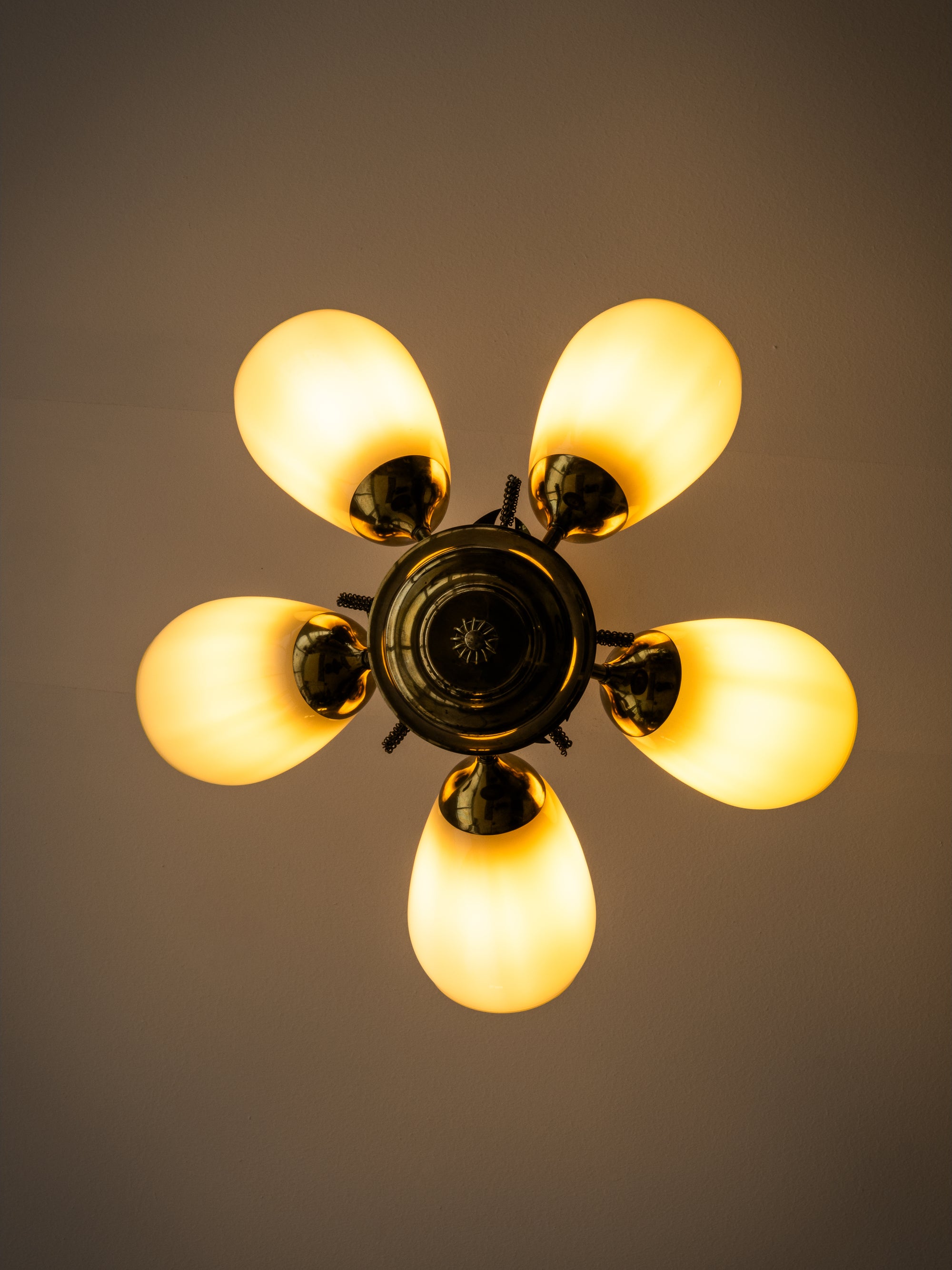 Scandinavian Modern Brass and Glass Chandelier with Botanical Details, Finland