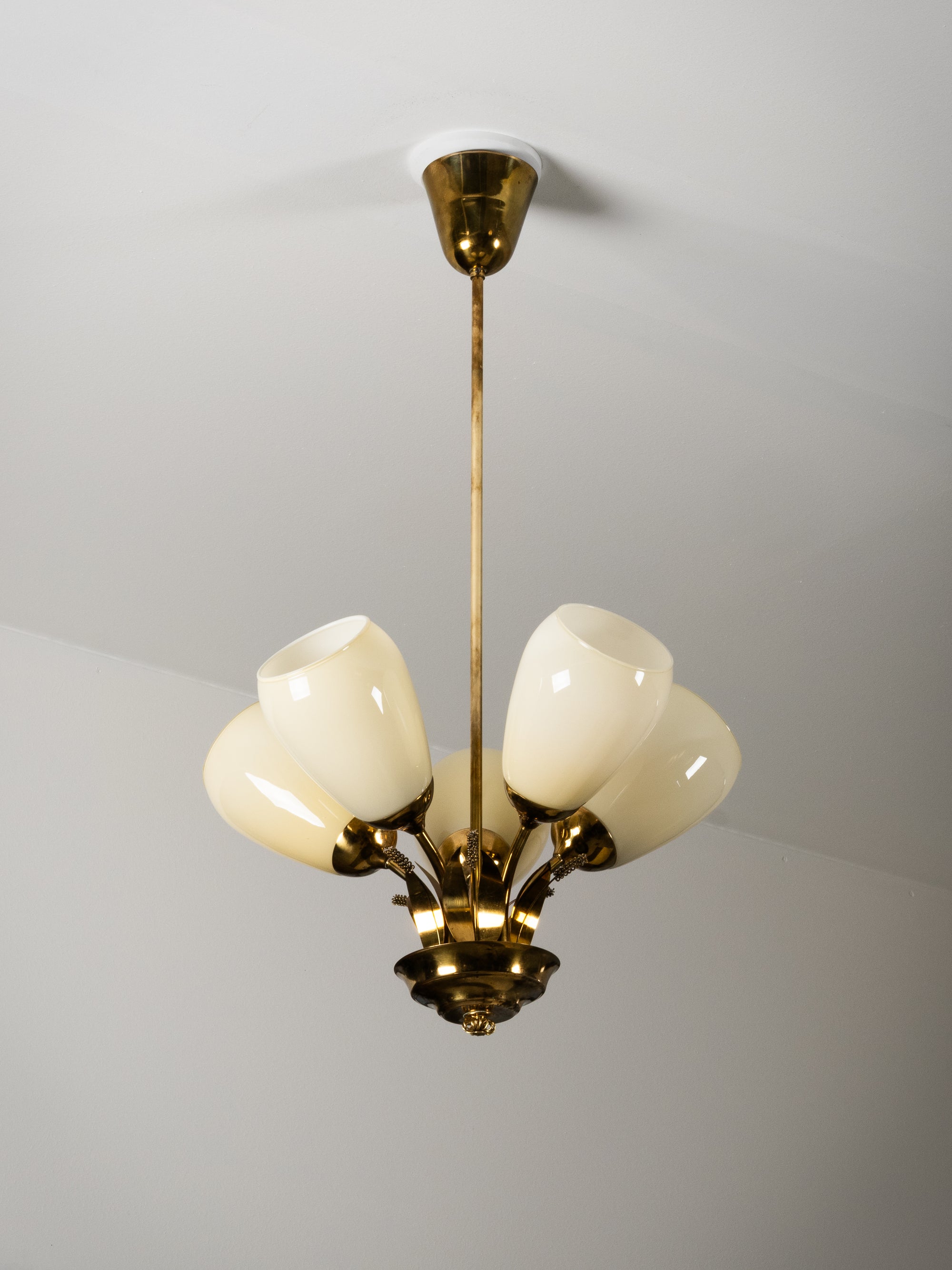 Scandinavian Modern Brass and Glass Chandelier with Botanical Details, Finland