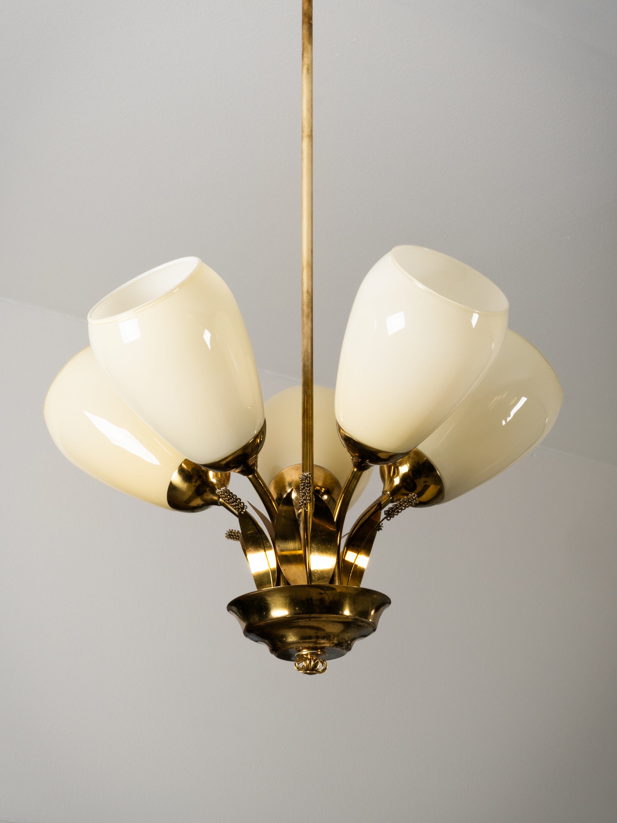 Scandinavian Modern Brass and Glass Chandelier with Botanical Details, Finland