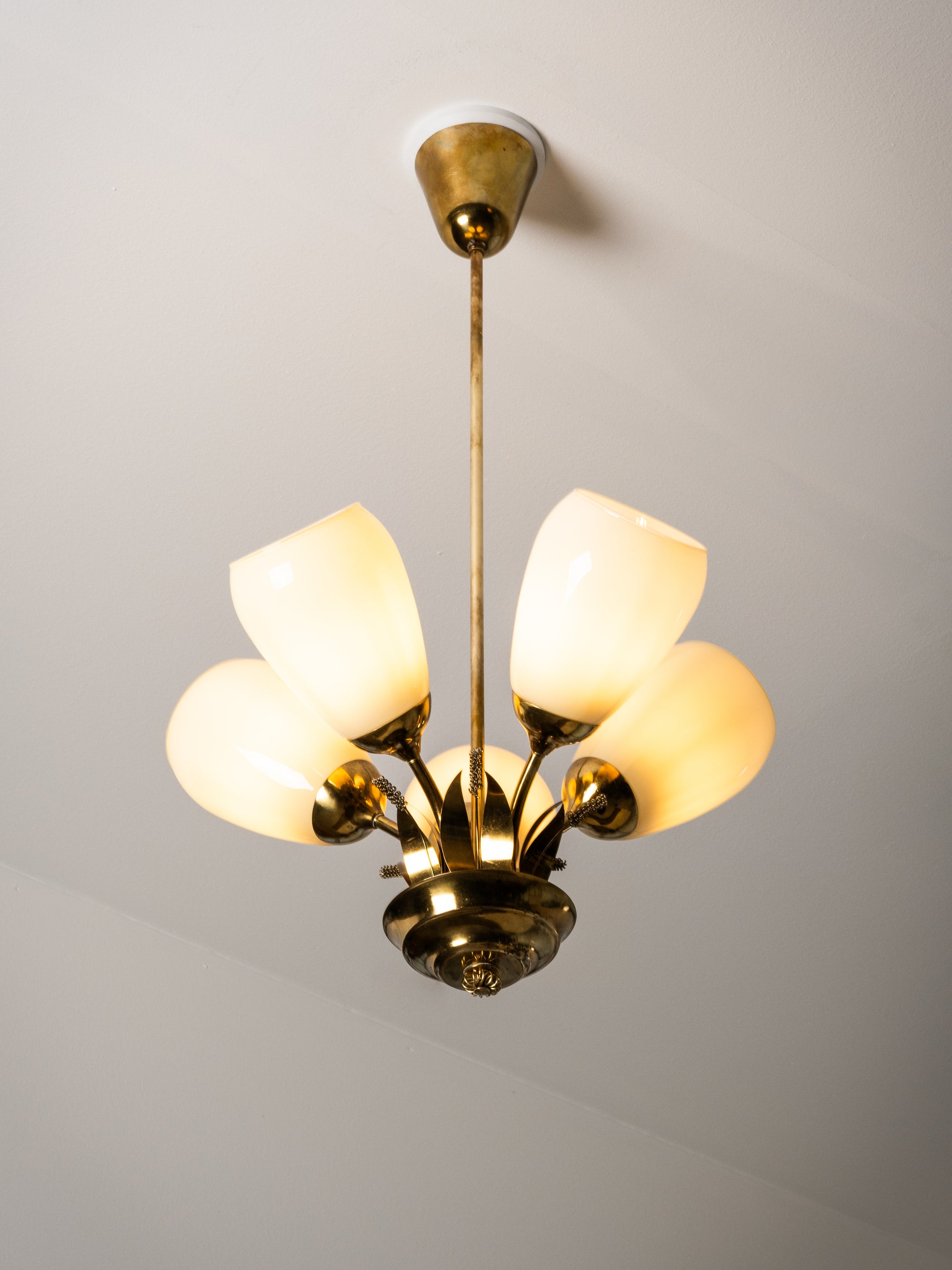 Scandinavian Modern Brass and Glass Chandelier with Botanical Details, Finland
