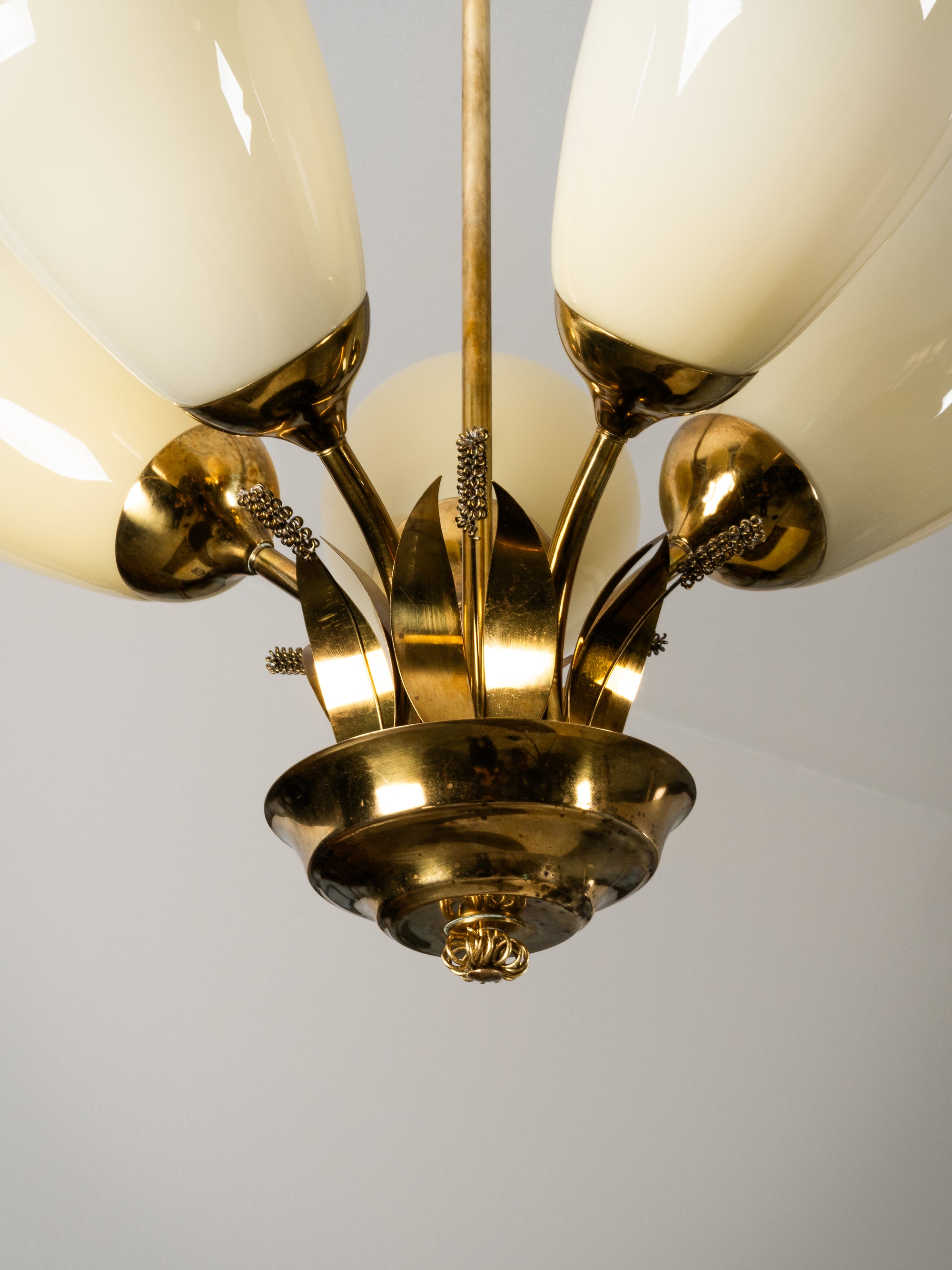Scandinavian Modern Brass and Glass Chandelier with Botanical Details, Finland