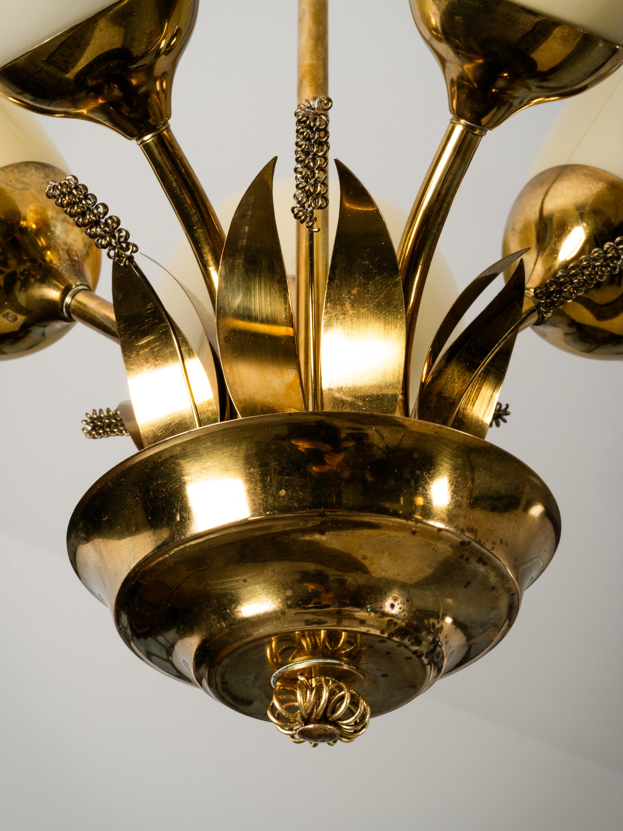Scandinavian Modern Brass and Glass Chandelier with Botanical Details, Finland