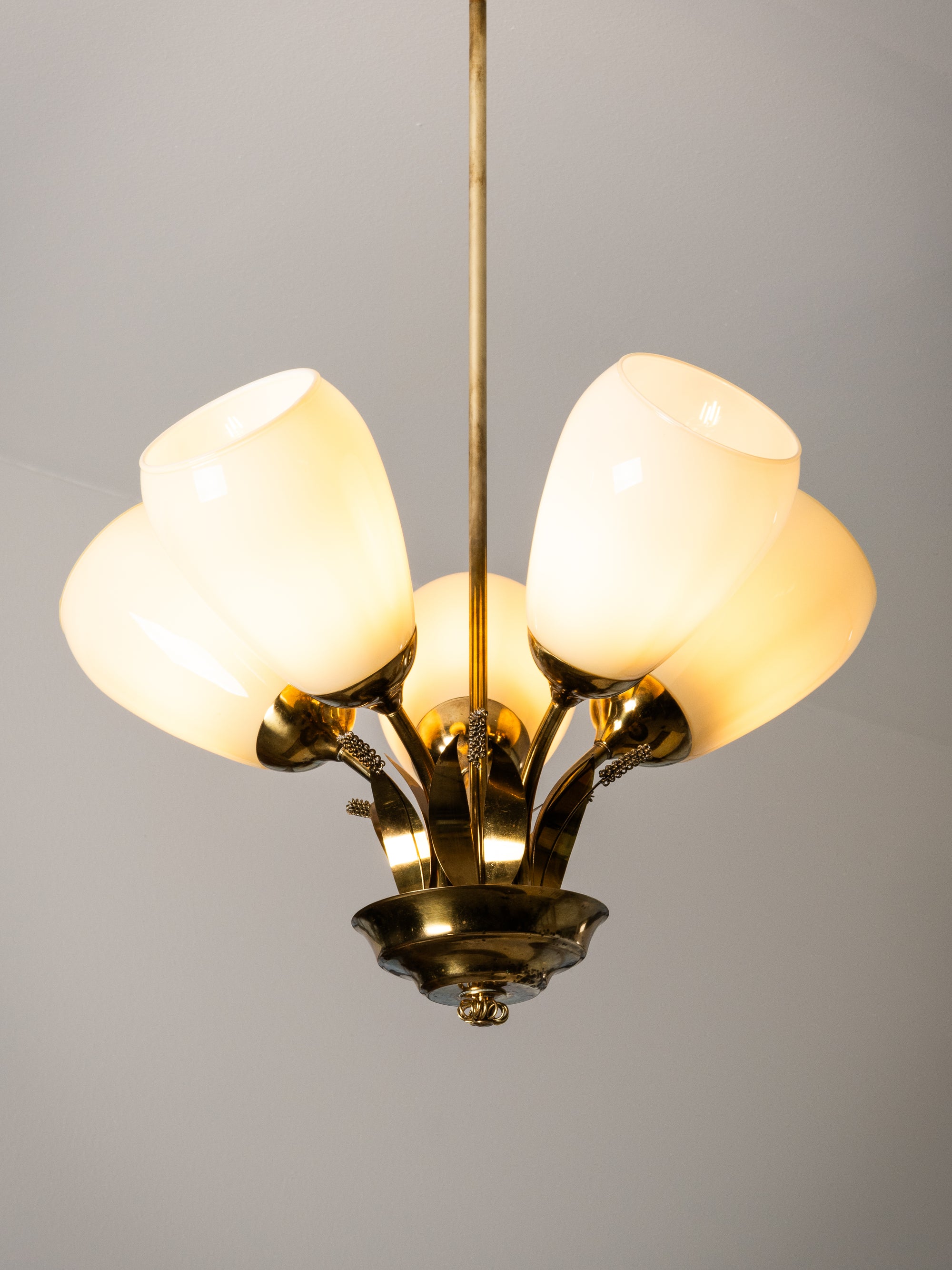 Scandinavian Modern Brass and Glass Chandelier with Botanical Details, Finland