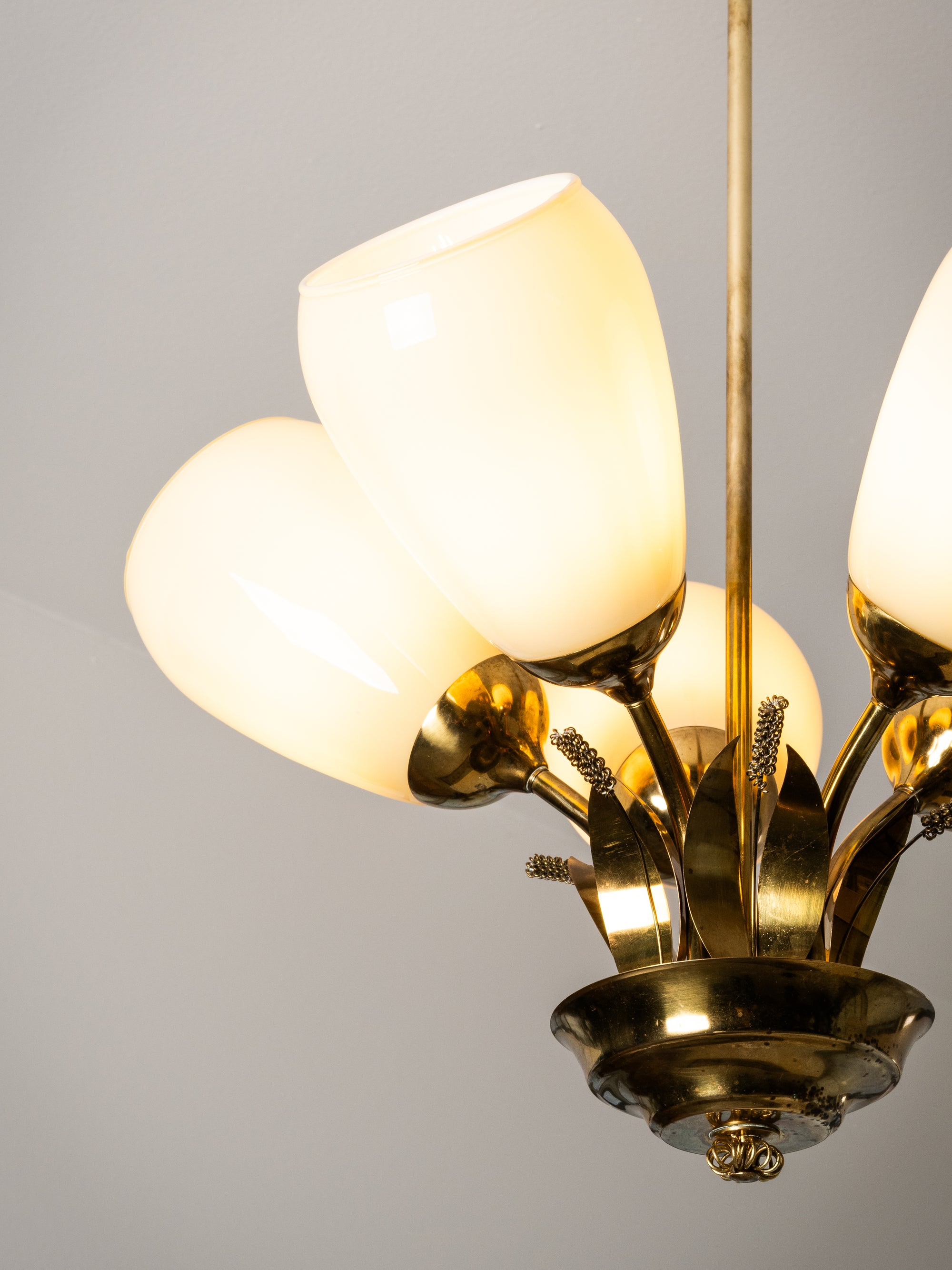 Scandinavian Modern Brass and Glass Chandelier with Botanical Details, Finland