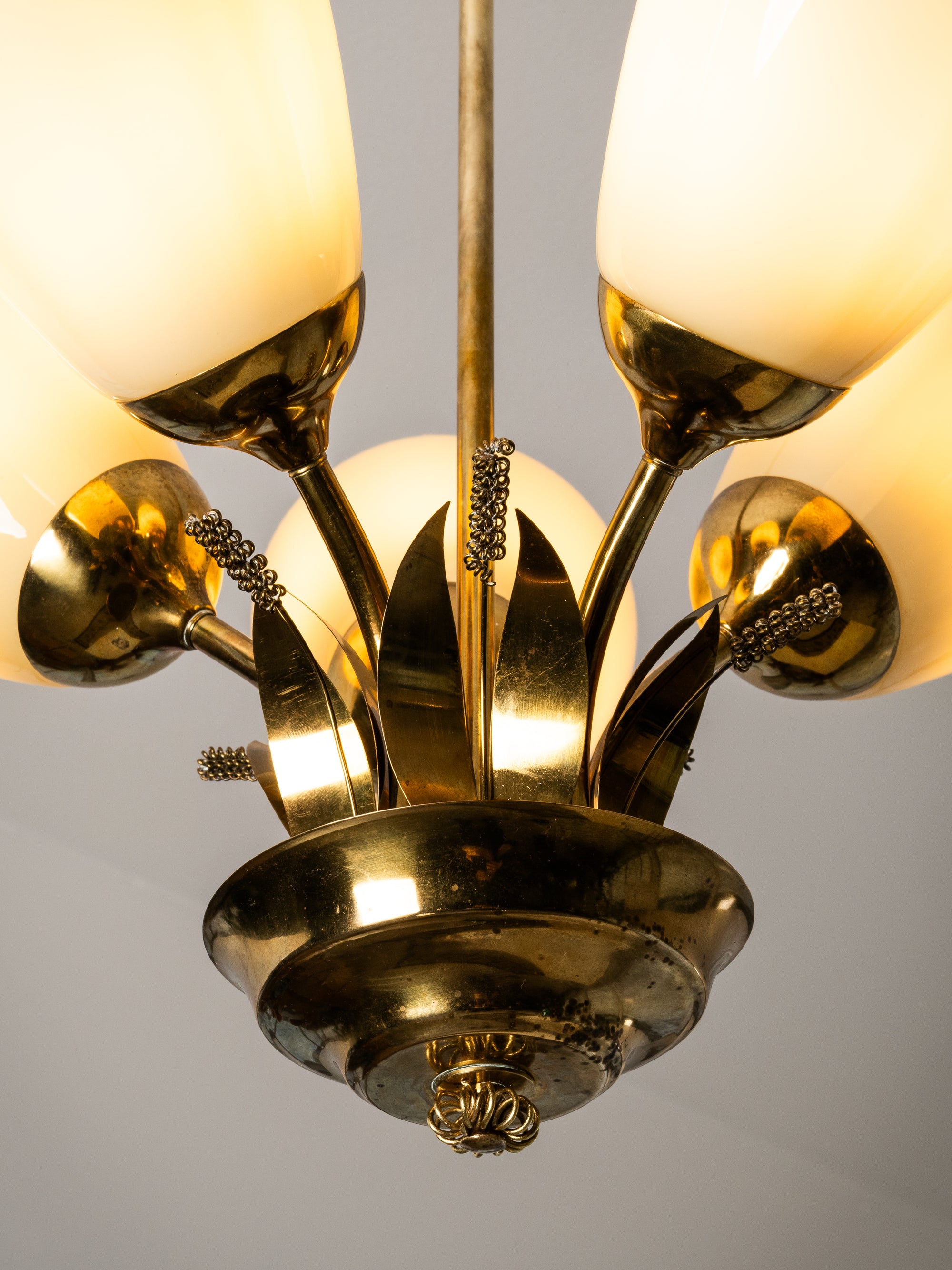 Scandinavian Modern Brass and Glass Chandelier with Botanical Details, Finland