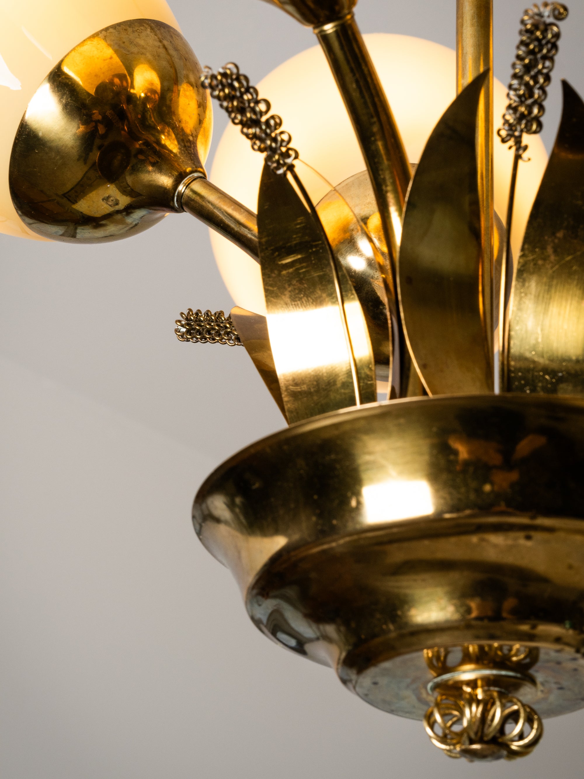 Scandinavian Modern Brass and Glass Chandelier with Botanical Details, Finland