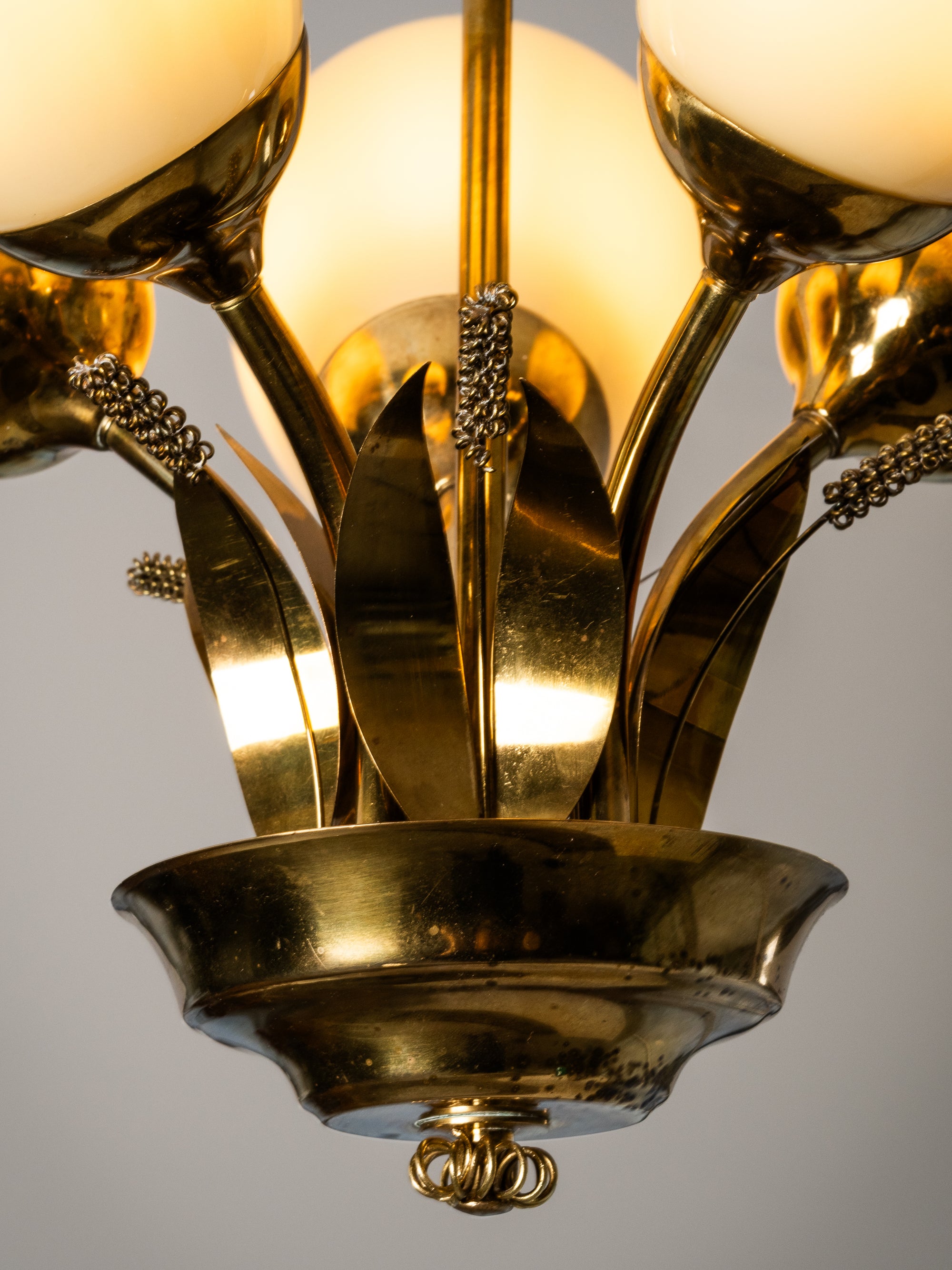 Scandinavian Modern Brass and Glass Chandelier with Botanical Details, Finland