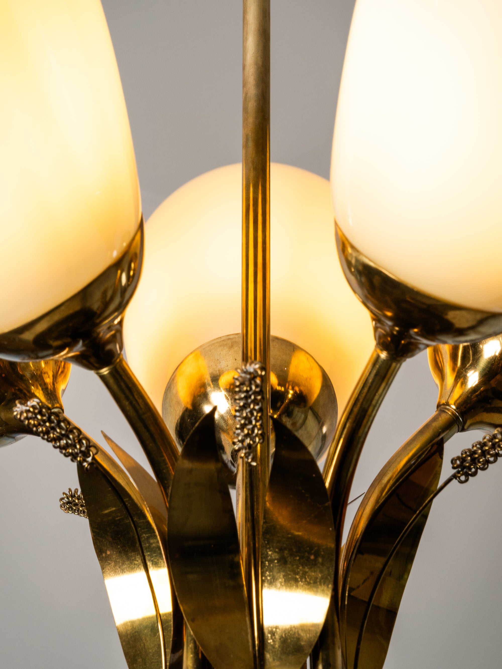 Scandinavian Modern Brass and Glass Chandelier with Botanical Details, Finland