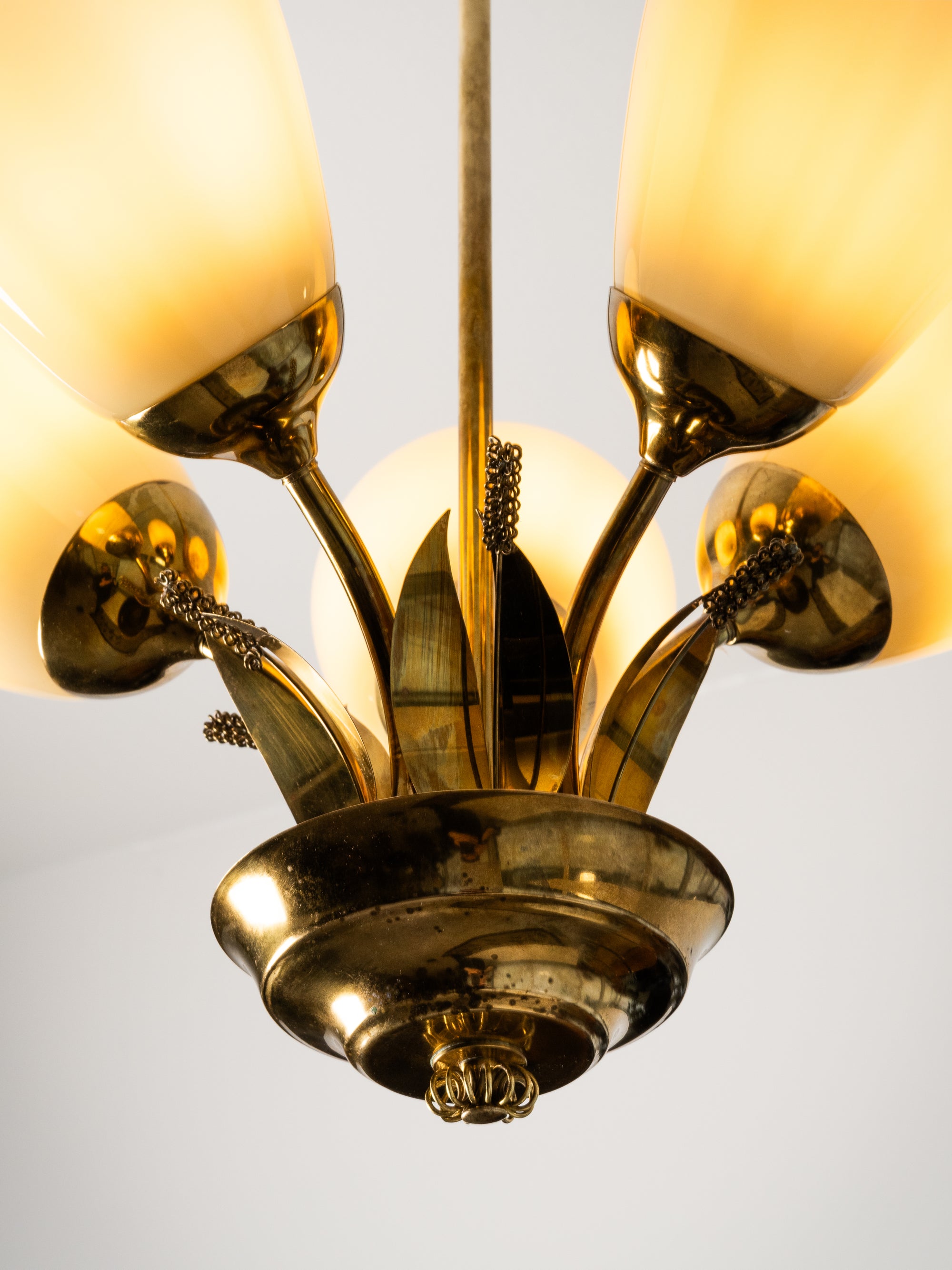 Scandinavian Modern Brass and Glass Chandelier with Botanical Details, Finland