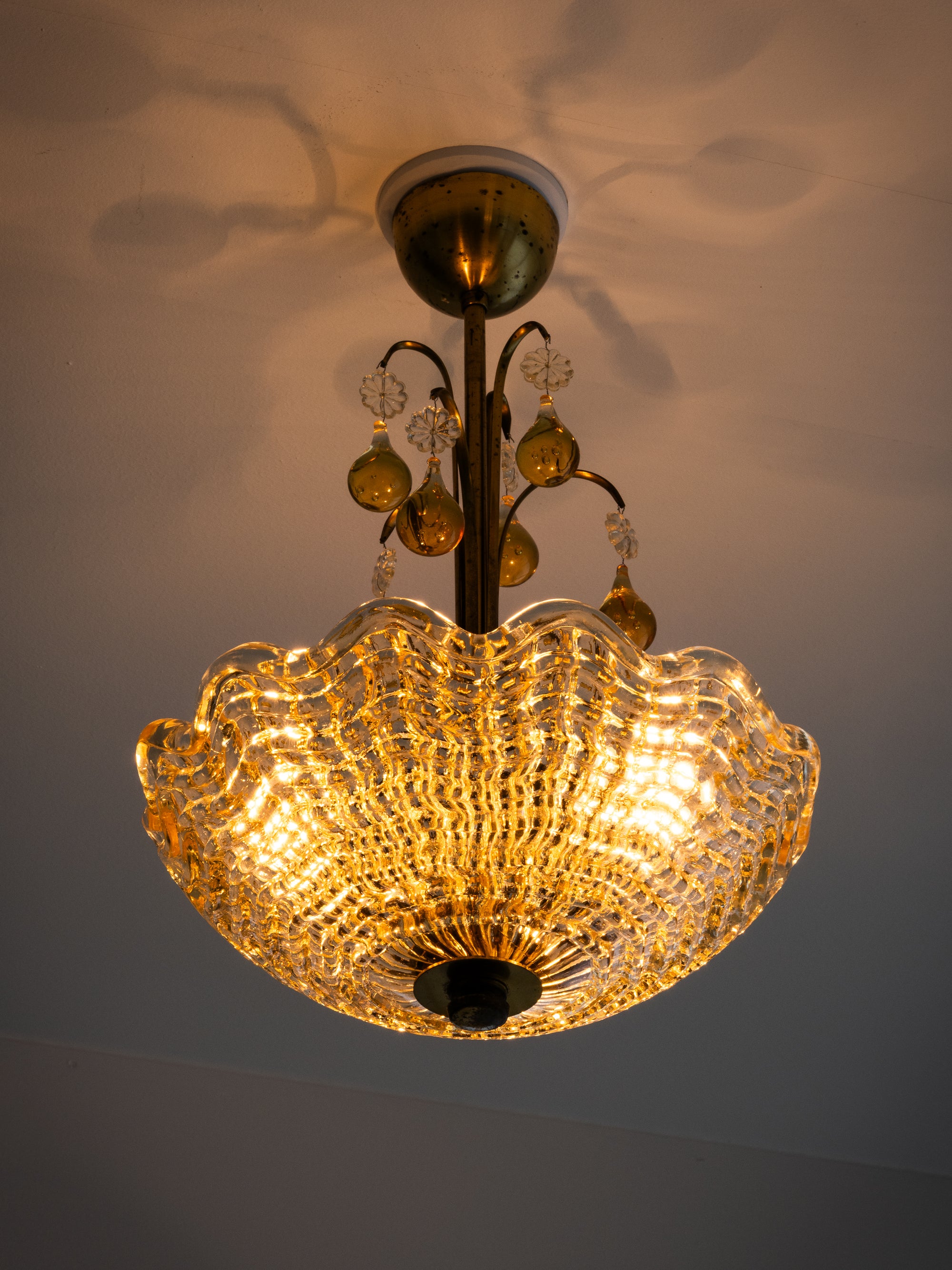 Swedish Modern Glass &amp; Brass Chandelier by Carl Fagerlund for Orrefors