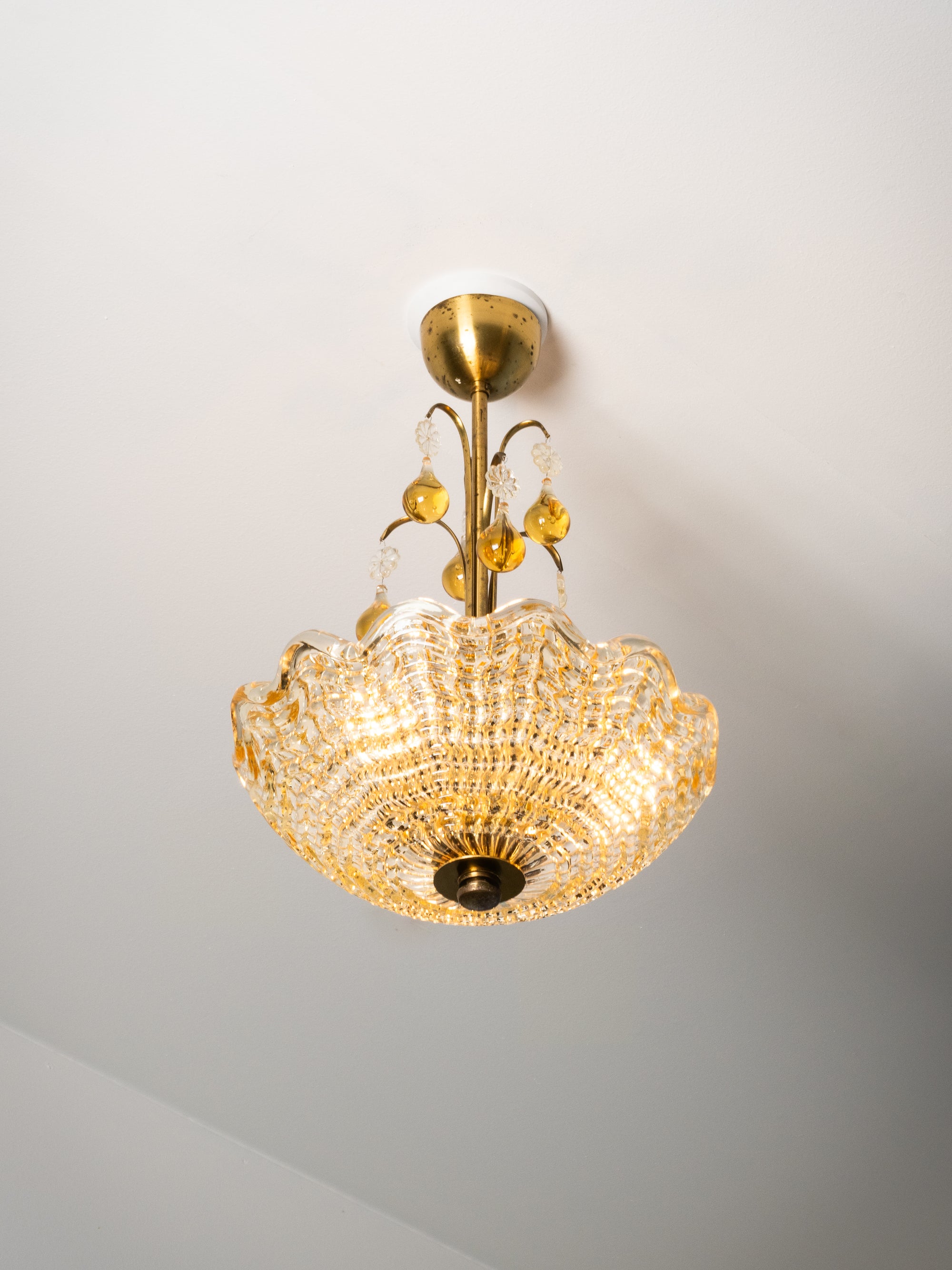 Swedish Modern Glass &amp; Brass Chandelier by Carl Fagerlund for Orrefors