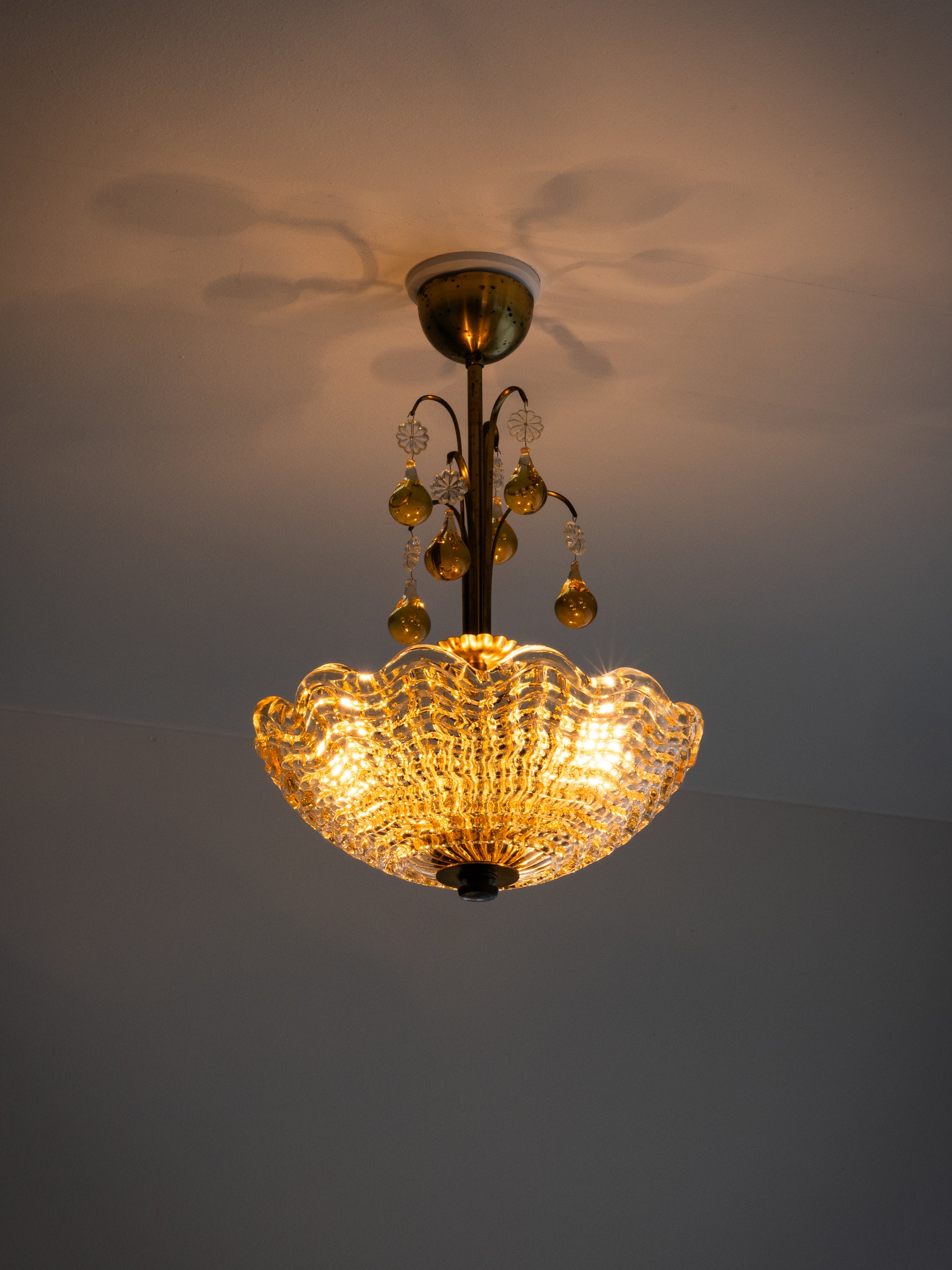 Swedish Modern Glass &amp; Brass Chandelier by Carl Fagerlund for Orrefors